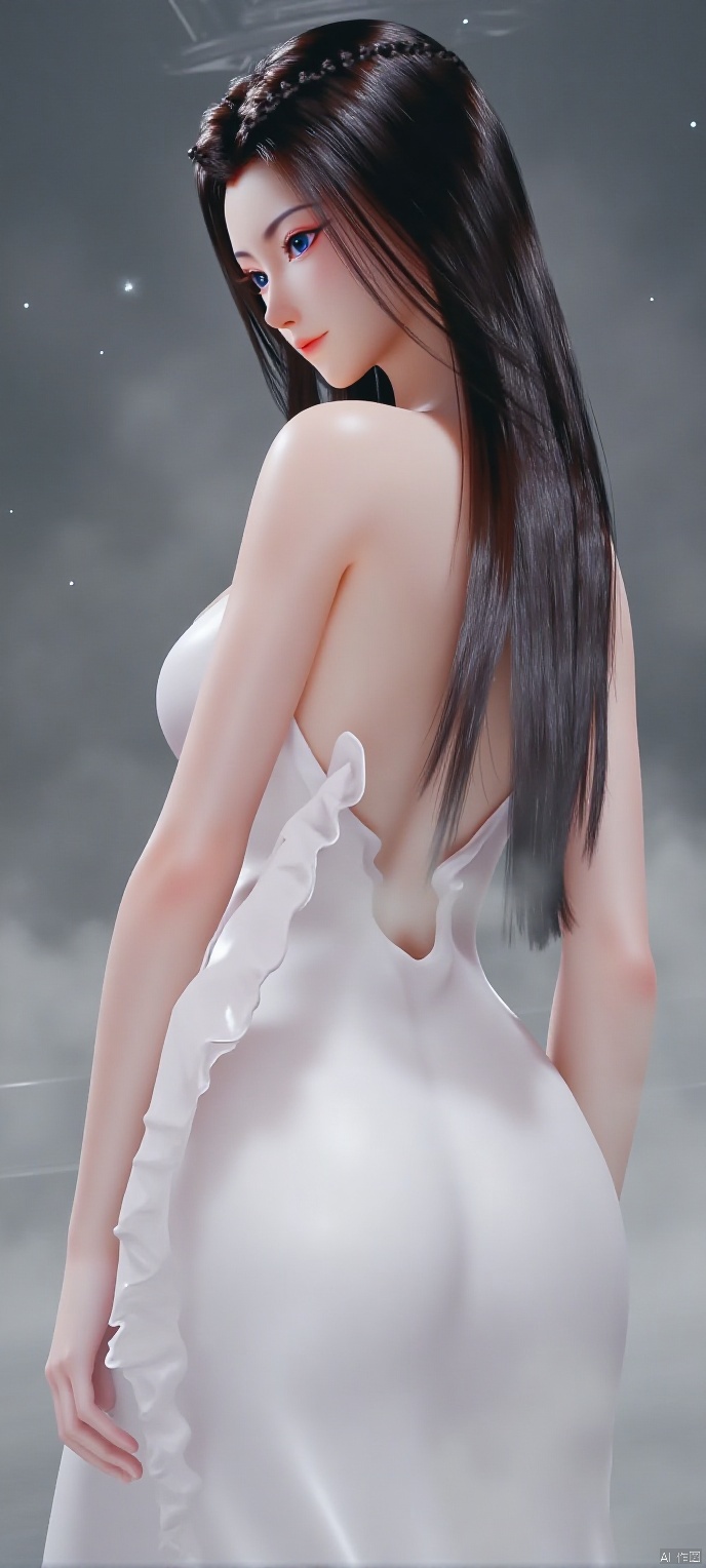 (high definition, Best quality, masterpiece, 4K, exquisite skin), 1girl, solo, breasts, (white dress:1.1), looking at viewer, smile, blue eyes, closed mouth, water