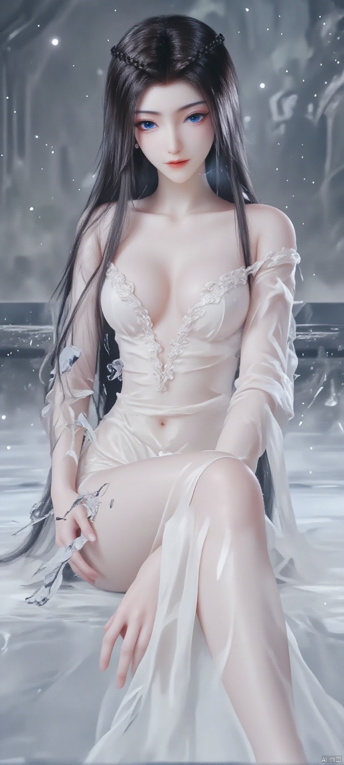(high definition, Best quality, masterpiece, 4K, exquisite skin), 1girl, solo, breasts, (white dress:1.1), looking at viewer, smile, blue eyes, closed mouth, water, sitting