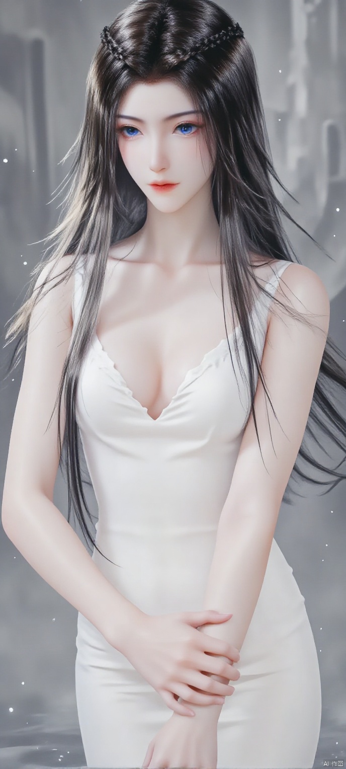 (high definition, Best quality, masterpiece, 4K, exquisite skin), 1girl, solo, breasts, (white dress:1.1), looking at viewer, smile, blue eyes, closed mouth, water, sitting