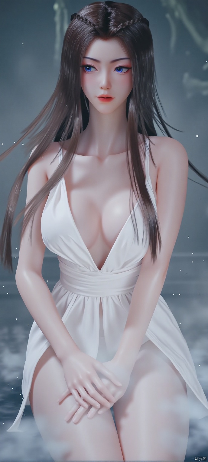 (high definition, Best quality, masterpiece, 4K, exquisite skin), 1girl, solo, breasts, (white dress:1.1), looking at viewer, blue eyes, closed mouth, water, sitting