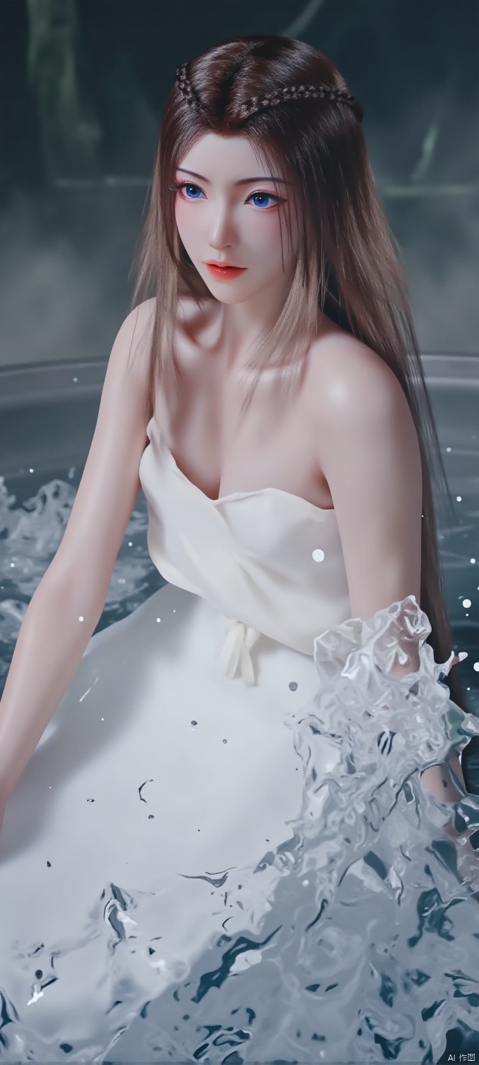 (high definition, Best quality, masterpiece, 4K, exquisite skin), 1girl, solo, breasts, (white dress:1.1), looking at viewer, blue eyes, closed mouth, water, sitting