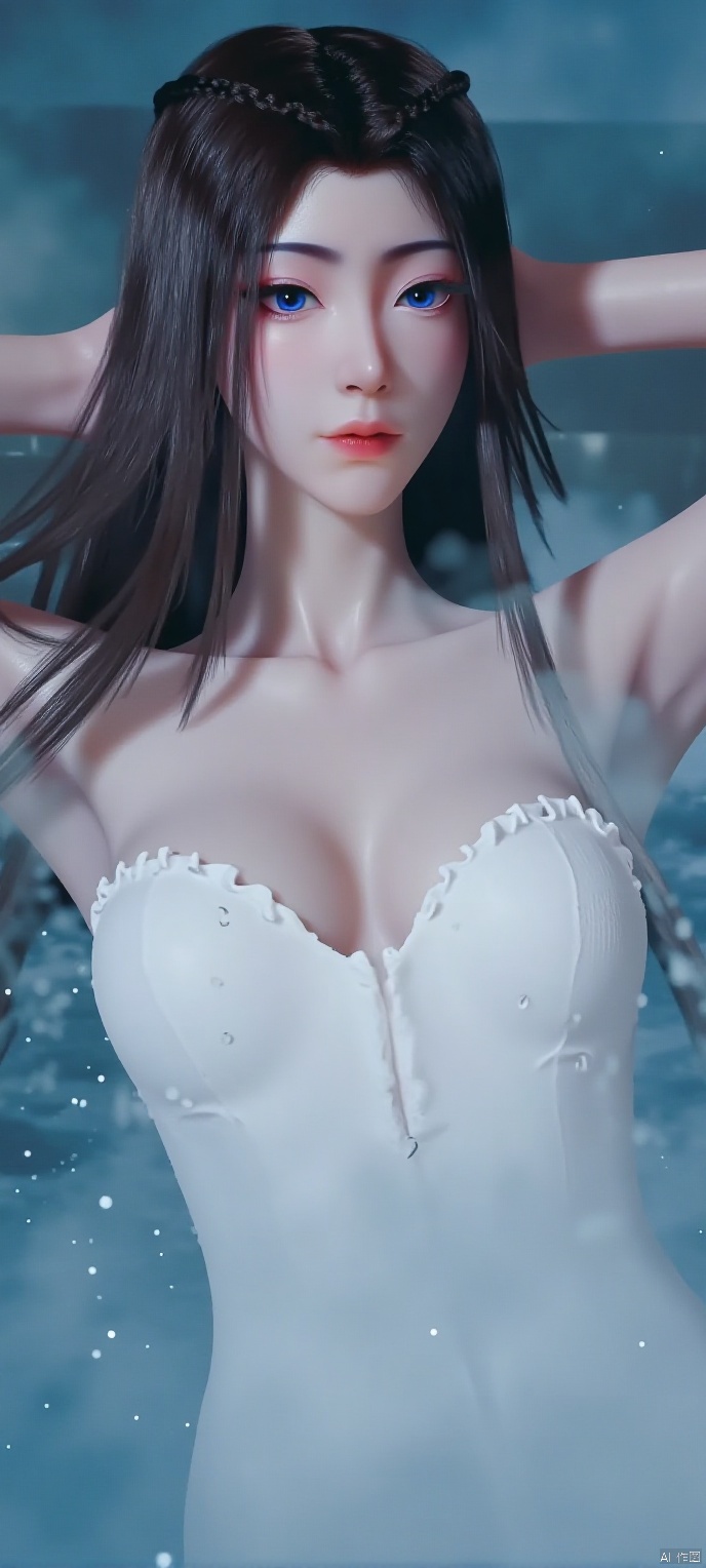 (high definition, Best quality, masterpiece, 4K, exquisite skin), 1girl, solo, breasts, (white dress:1.1), looking at viewer, blue eyes, closed mouth, water, lying on water