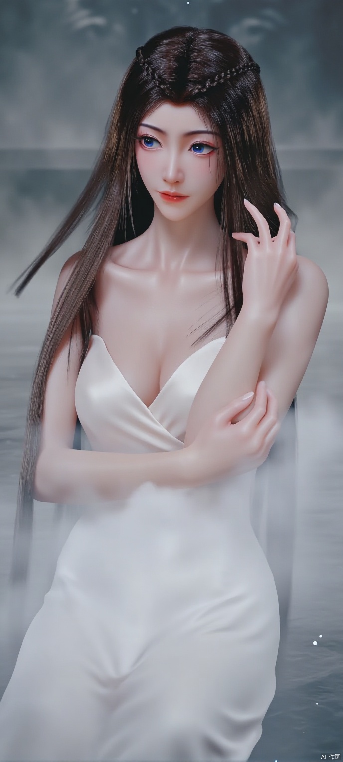 (high definition, Best quality, masterpiece, 4K, exquisite skin), 1girl, solo, breasts, (white dress:1.1), looking at viewer, smile, blue eyes, closed mouth, water, sitting