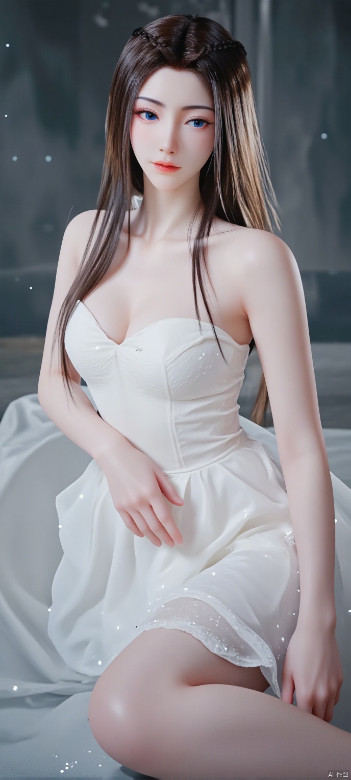 (high definition, Best quality, masterpiece, 4K, exquisite skin), 1girl, solo, breasts, (white dress:1.1), looking at viewer, smile, blue eyes, closed mouth, water, sitting