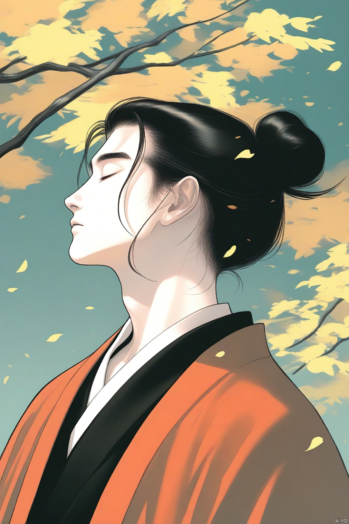 solo, black hair, 1boy, closed eyes, upper body, male focus, japanese clothes, hair bun, tree, petals, profile, colored skin, leaf, single hair bun, branch, haori