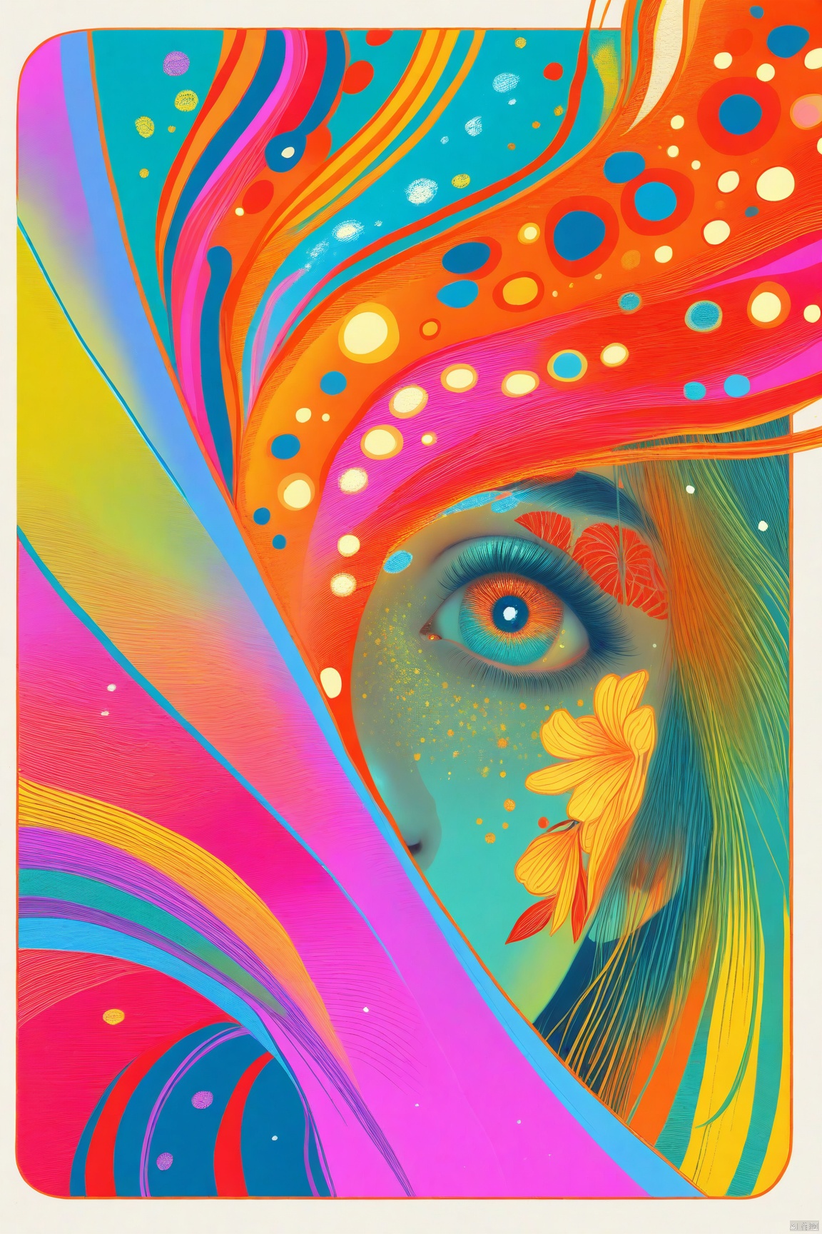  offcial art, colorful, Colorful background, splash of color, A beautiful woman with delicate facial features, The chest is large, tattoo all over body, Flower arms, Colorful and colorful silks cover the body, The looming body, Sideways photo,(tattoos)),