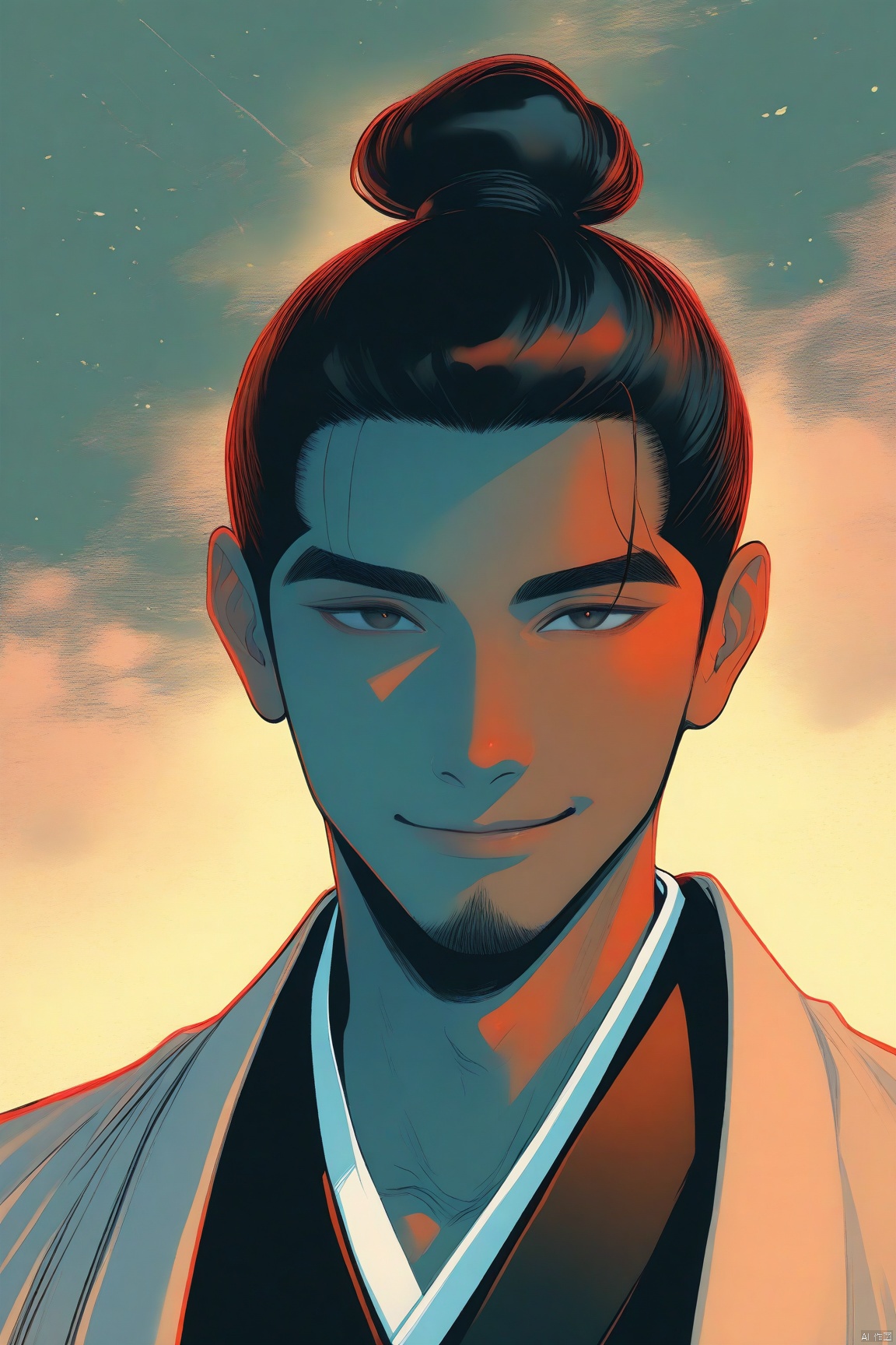 solo, black hair, 1boy, smile, upper body, male focus, japanese clothes, hair bun, face to viewer, colored skin, single hair bun, haori