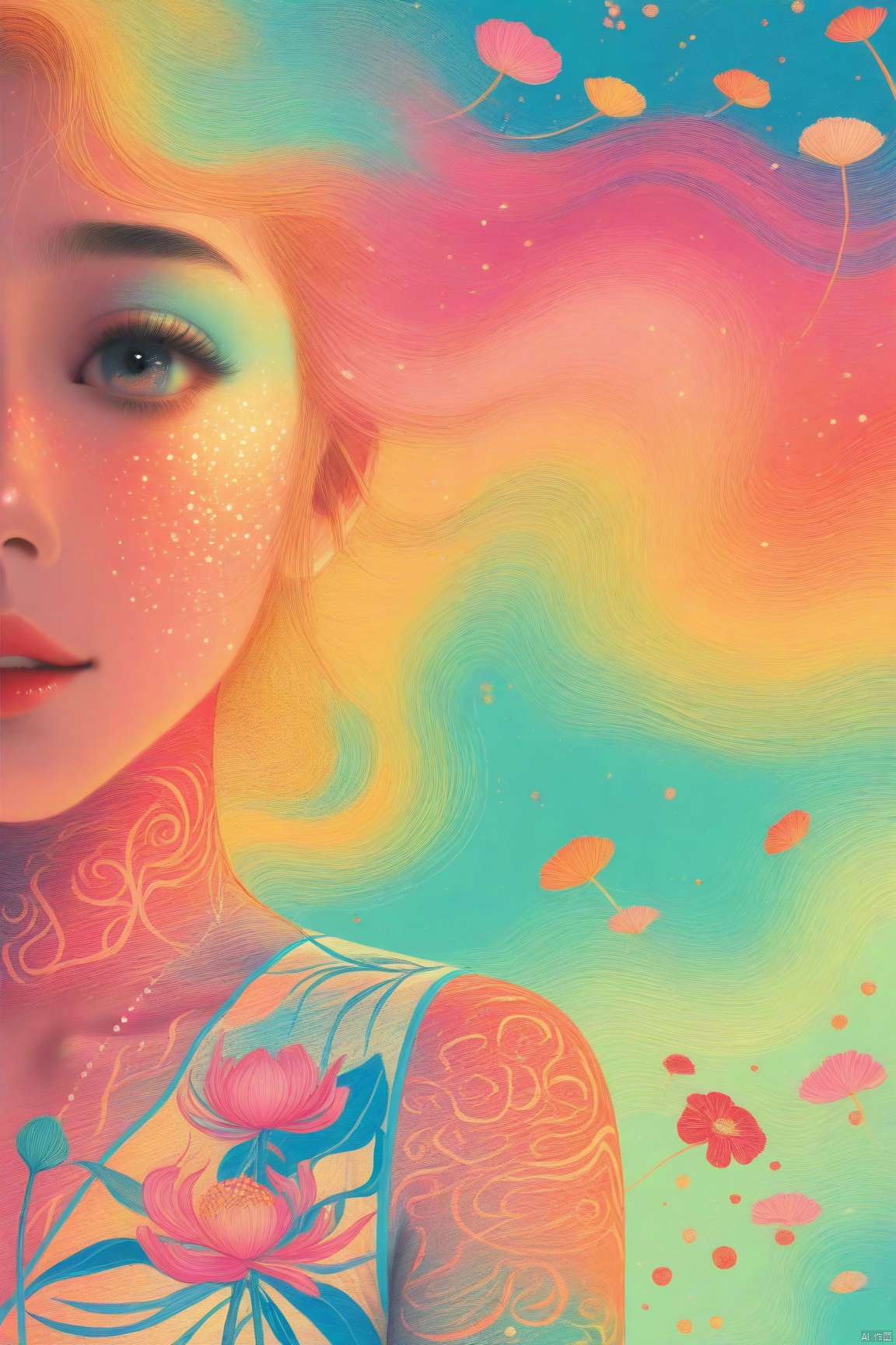  offcial art, colorful, Colorful background, splash of color, A beautiful woman with delicate facial features, The chest is large, tattoo all over body, Flower arms, Colorful and colorful silks cover the body, The looming body, Sideways photo,(tattoos)),