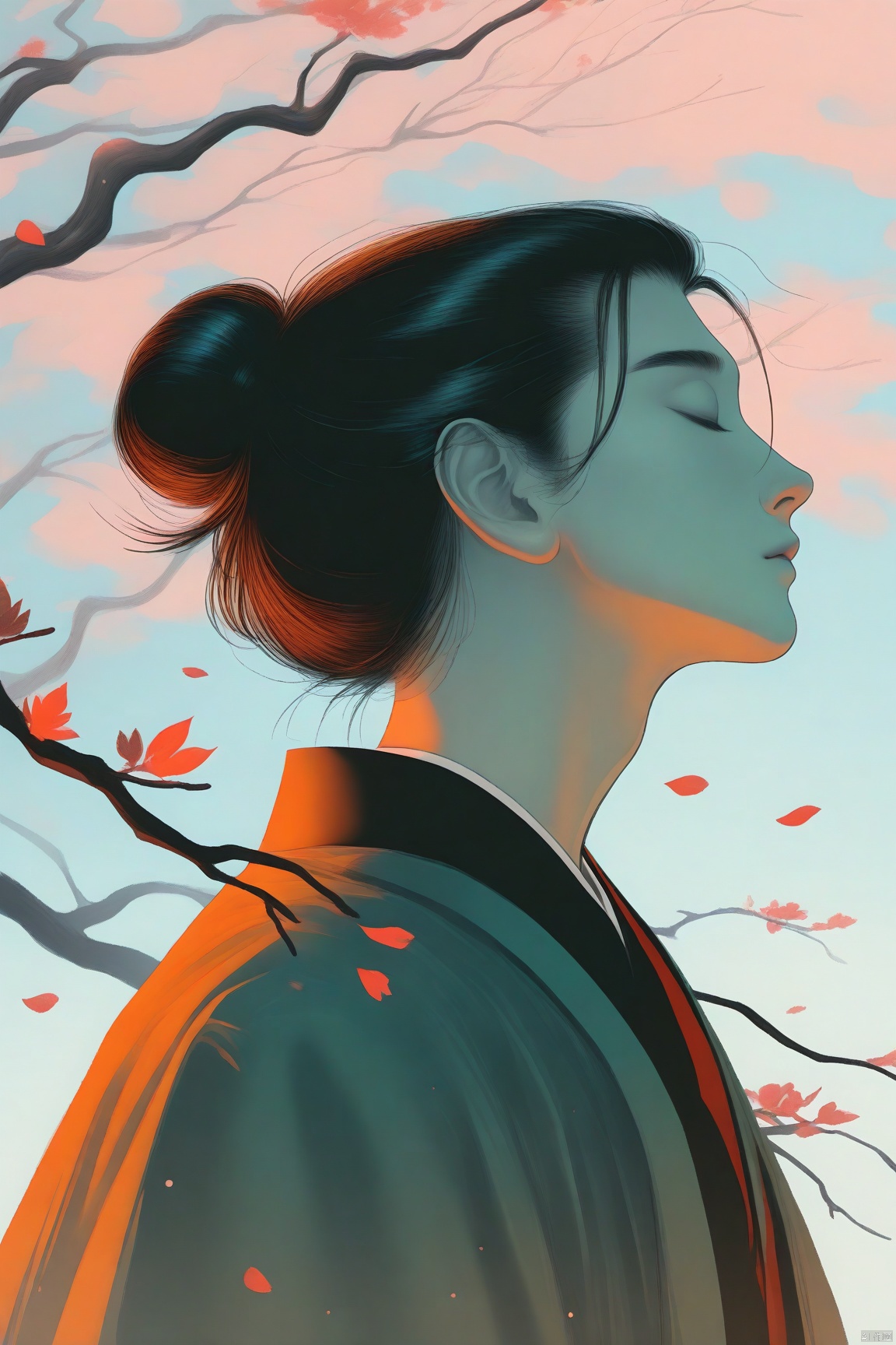 solo, black hair, 1boy, closed eyes, upper body, male focus, japanese clothes, hair bun, tree, petals, profile, colored skin, leaf, single hair bun, branch, haori