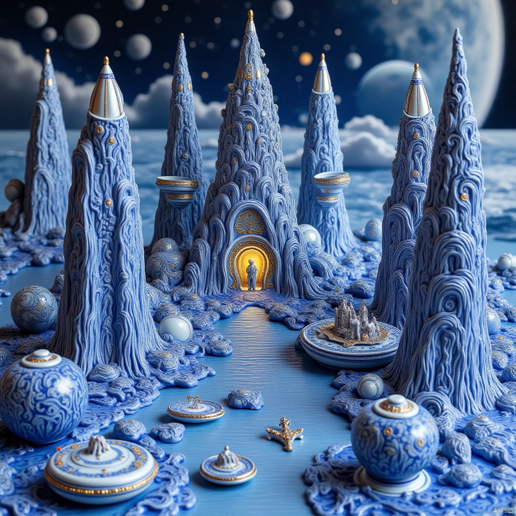 A city made of porcelain, porcelain, science fiction space, spaceship,瓷器