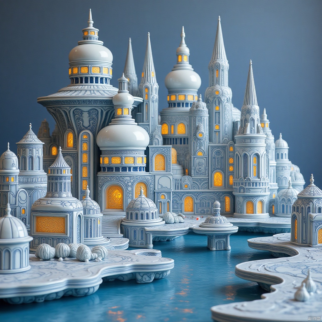 A city made of porcelain, porcelain, science fiction space, spaceship