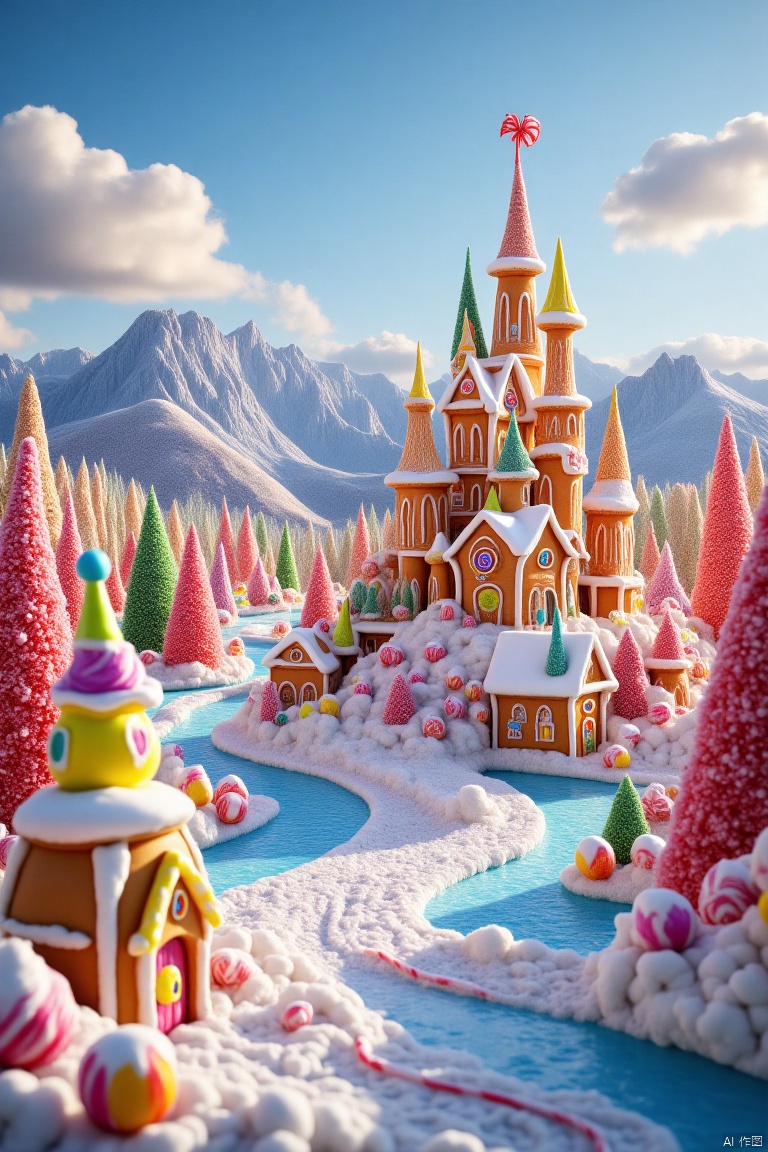 handmade colored knitted wool,handmade white knitted wool,no humans,sky,scenery,blue sky,building,flower,day,cloud,outdoors,river,knitted wool,riverside scenery,green mountains and sky in the distance,gingerbread,Ultra HD quality,The elaborate gingerbread great wall,adorned with snow and Christmas decorations,gingerbread disneyland castle,swirly mints,lollipops,gumdrops,decorative frosting,,(,c4d,OC rendering,,,瓷器,porcelain