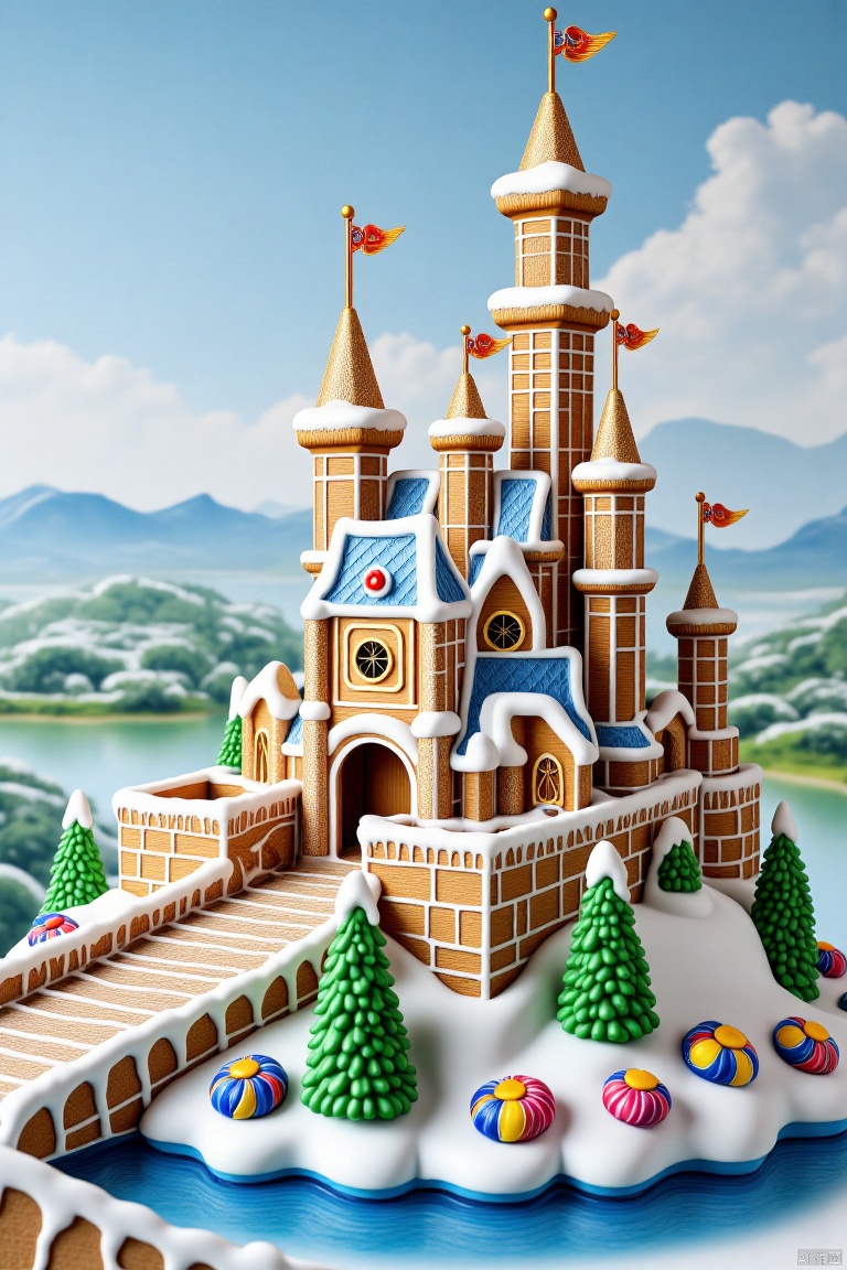 handmade colored knitted wool,handmade white knitted wool,no humans,sky,scenery,blue sky,building,flower,day,cloud,outdoors,river,knitted wool,riverside scenery,green mountains and sky in the distance,gingerbread,Ultra HD quality,The elaborate gingerbread great wall,adorned with snow and Christmas decorations,gingerbread disneyland castle,swirly mints,lollipops,gumdrops,decorative frosting,,(,c4d,OC rendering,,,瓷器,porcelain