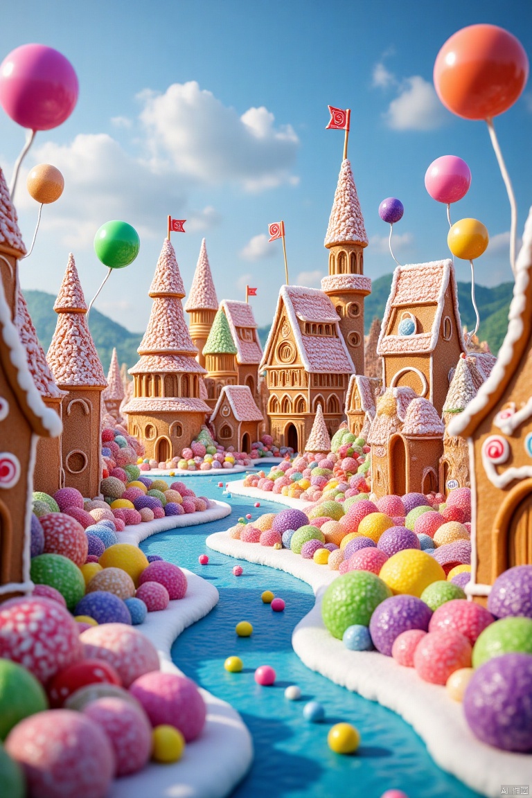 handmade colored knitted wool,handmade white knitted wool,no humans,sky,scenery,blue sky,building,flower,day,cloud,outdoors,river,knitted wool,riverside scenery,green mountains and sky in the distance,gingerbread,Ultra HD quality,The elaborate gingerbread great wall,adorned with snow and Christmas decorations,gingerbread disneyland castle,swirly mints,lollipops,gumdrops,decorative frosting,,(,c4d,OC rendering,,,瓷器,porcelain