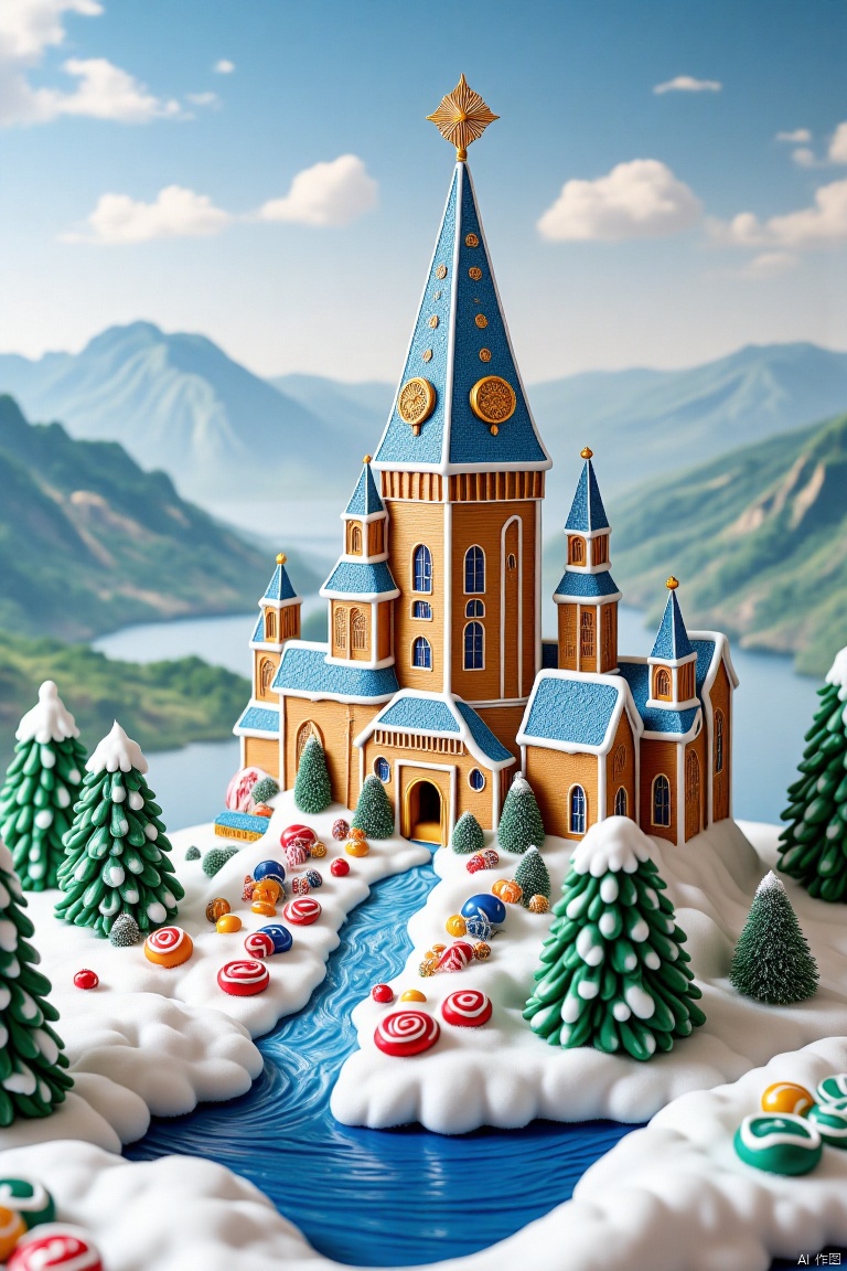 handmade colored knitted wool,handmade white knitted wool,no humans,sky,scenery,blue sky,building,flower,day,cloud,outdoors,river,knitted wool,riverside scenery,green mountains and sky in the distance,gingerbread,Ultra HD quality,The elaborate gingerbread great wall,adorned with snow and Christmas decorations,gingerbread disneyland castle,swirly mints,lollipops,gumdrops,decorative frosting,,(,c4d,OC rendering,,,瓷器,porcelain