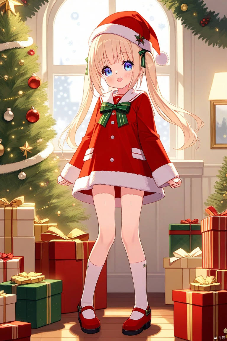 On Christmas, a very cute little girl dressed beautifully, wearing Christmas clothes and a Christmas hat, in a room full of Christmas atmosphere
