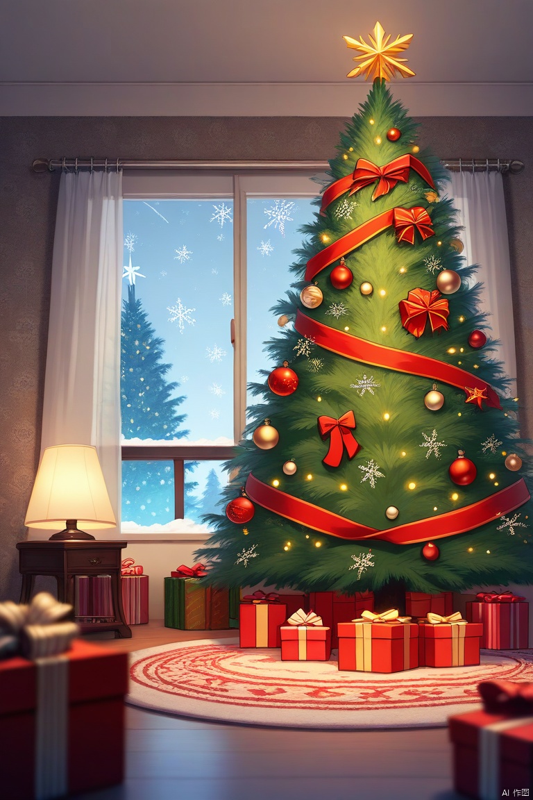 A Christmas tree, snowflakes, candy, gift box, Christmas, high resolution, wallpaper, added details, panoramic lens (wide-angle lens)