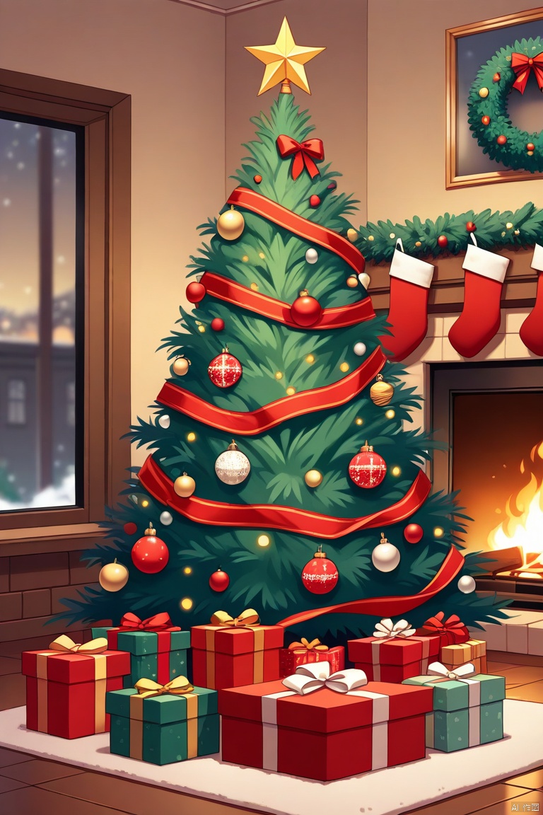 A house with Christmas decorations, including a Christmas tree, ornaments, gift boxes, armchairs, and a close-up of the fireplace
