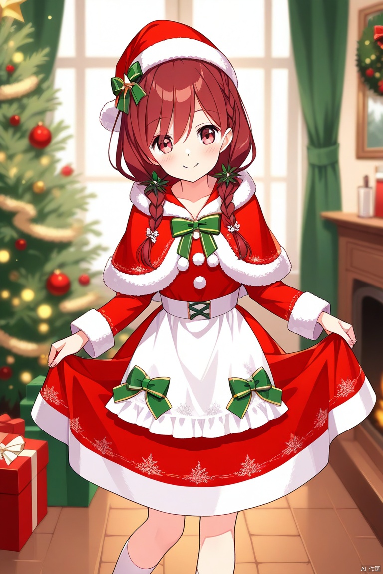 Christmas, a fashionable girl dressed beautifully, wearing Christmas clothes and a Christmas hat, with a house full of Christmas atmosphere in the background