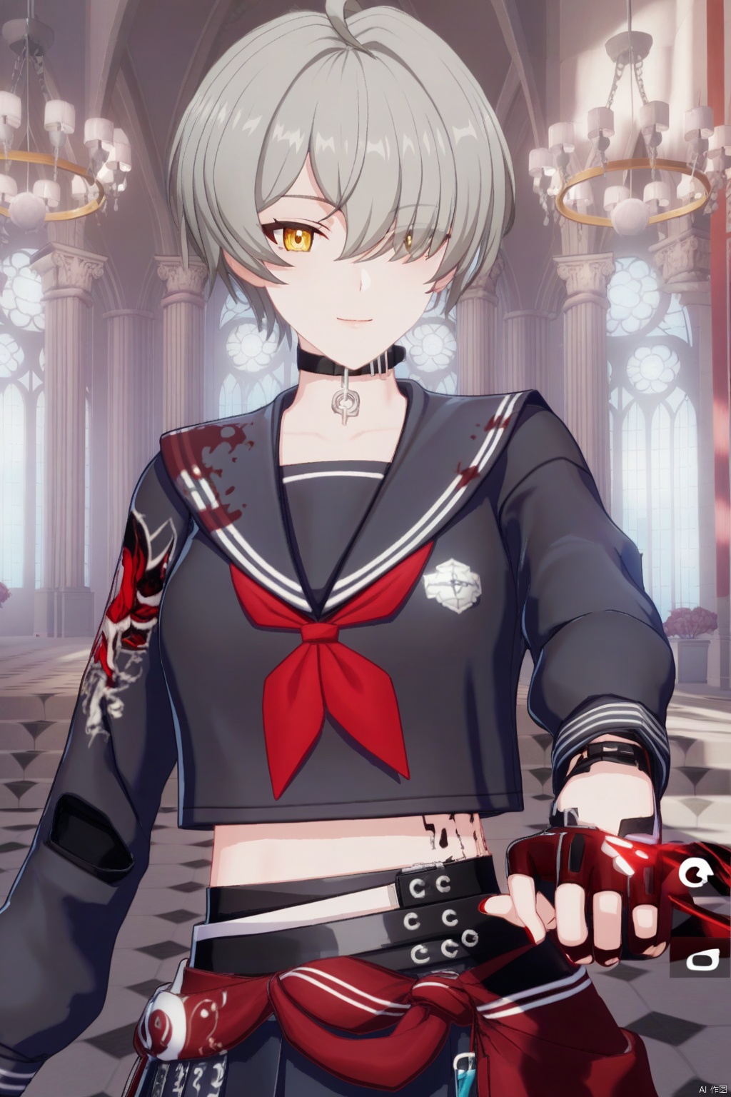 1girl, solo, looking at viewer, smile, short hair, bangs, skirt, shirt, gloves, long sleeves, holding, closed mouth, school uniform, yellow eyes, grey hair, serafuku, choker, black gloves, indoors, fingerless gloves, sailor collar, nail polish, hair over one eye, neckerchief, black choker, black nails, red nails, red neckerchief, red gloves, 
