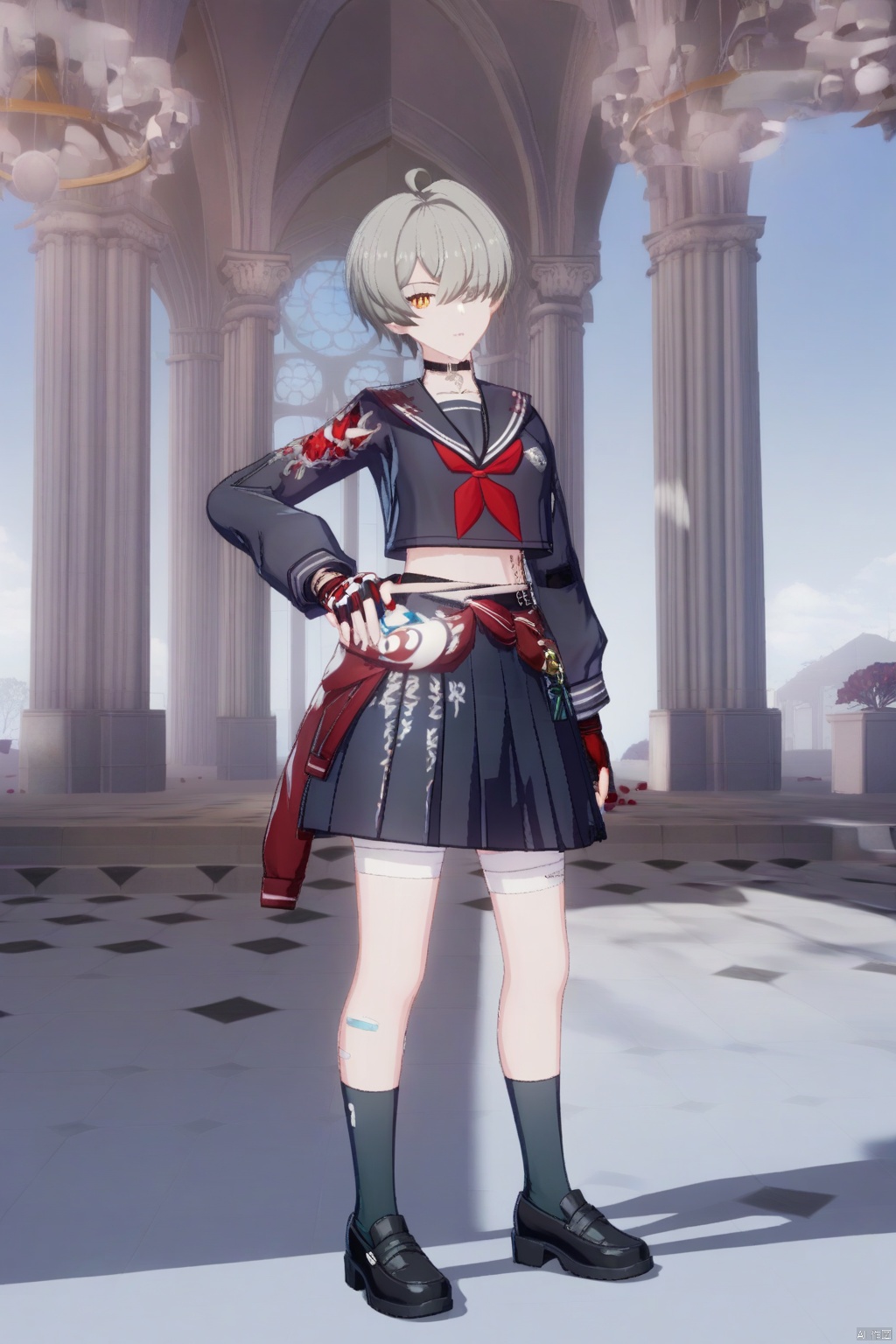 1girl, solo, looking at viewer, short hair, skirt, gloves, jewelry, closed mouth, school uniform, standing, full body, yellow eyes, ahoge, grey hair, pleated skirt, shoes, serafuku, choker, socks, midriff, fingerless gloves, black skirt, sailor collar, black footwear, hair over one eye, outdoors,blue sky