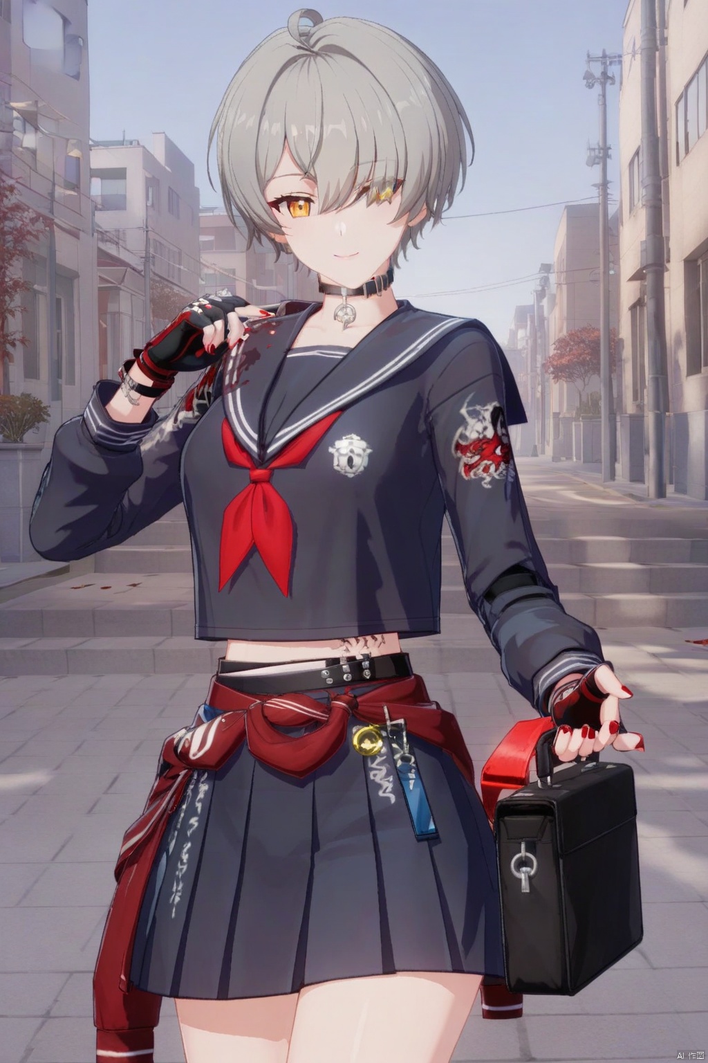 1girl, solo, looking at viewer, smile, short hair, bangs, skirt, shirt, gloves, long sleeves, holding, closed mouth, school uniform, yellow eyes, grey hair, serafuku, choker, black gloves, outdoors, fingerless gloves, sailor collar, nail polish, hair over one eye, neckerchief, black choker, black nails, red nails, red neckerchief, red gloves, anchestreet