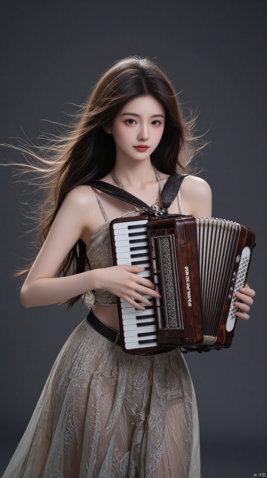 This image shows a woman playing the accordion. The accordion is a keyboard instrument that can be played both as a solois...
