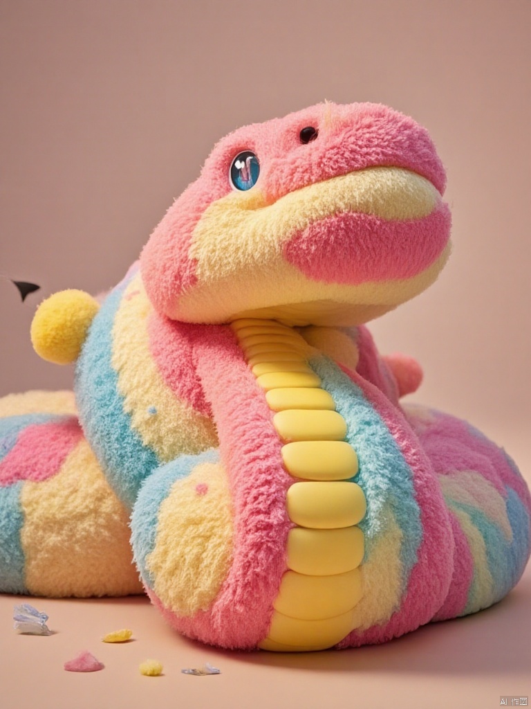 A massive,  fluffy desktop computer case with a vibrant,  colorful snake head on the side. The snake head is cute and ador...