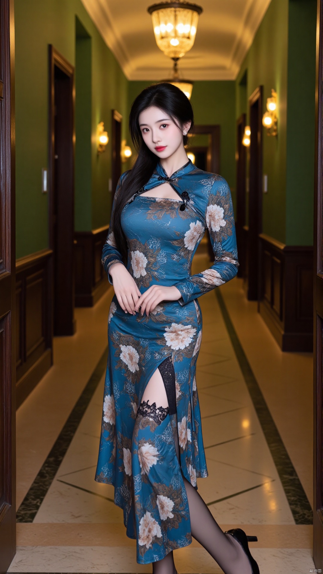 The image shows a young woman posing in a luxurious hallway with green walls and a chandelier hanging from the ceiling. Sh...