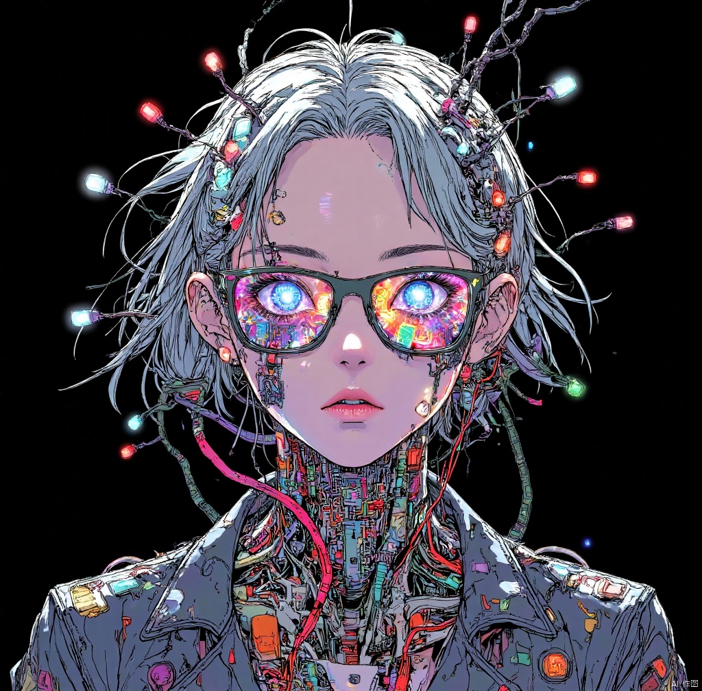 This cyberpunk-style character has silver short hair embedded with tiny LED lights that flicker with a cold glow. Her sharp gaze is seen through a pair of futuristic smart glasses, reflecting the kaleidoscope of urban neon lights. She wears a tight leather jacket covered in circuit patterns, with her arm revealing intricate mechanical prosthetics, blurring the line between metal texture and skin, showcasing a cutting-edge aesthetic of high-tech and flesh fusion.