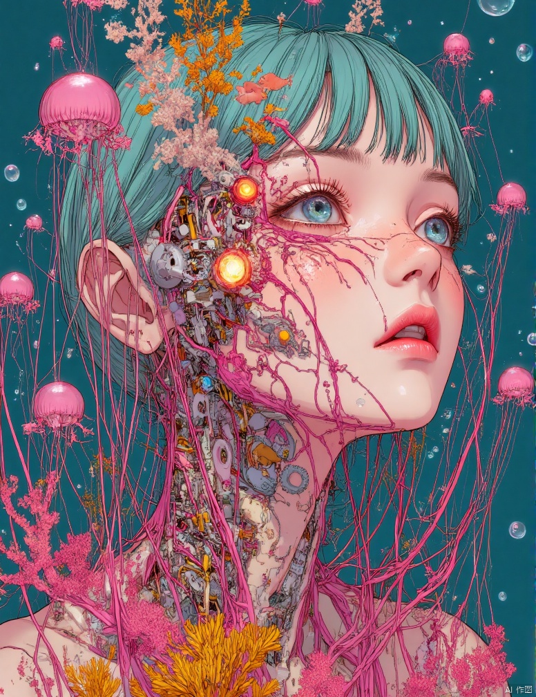 CynthiaPortrait. A surreal anime-style portrait of a young woman with vibrant teal hair, her face and neck intertwined with intricate biomechanical coral-**** structures in vivid pink and orange hues. Her partially exposed mechanical components include glowing lights and detailed gears, seamlessly integrated with organic textures resembling sea flora. Pink jellyfish with delicate tendrils float around her, along with tiny orange fish, creating a dynamic underwater ecosystem. Her wide, reflective eyes gaze upwards with a serene and dreamy expression. The background features a deep blue underwater realm, scattered with bubbles and subtle light rays that enhance the ethereal and otherworldly atmosphere