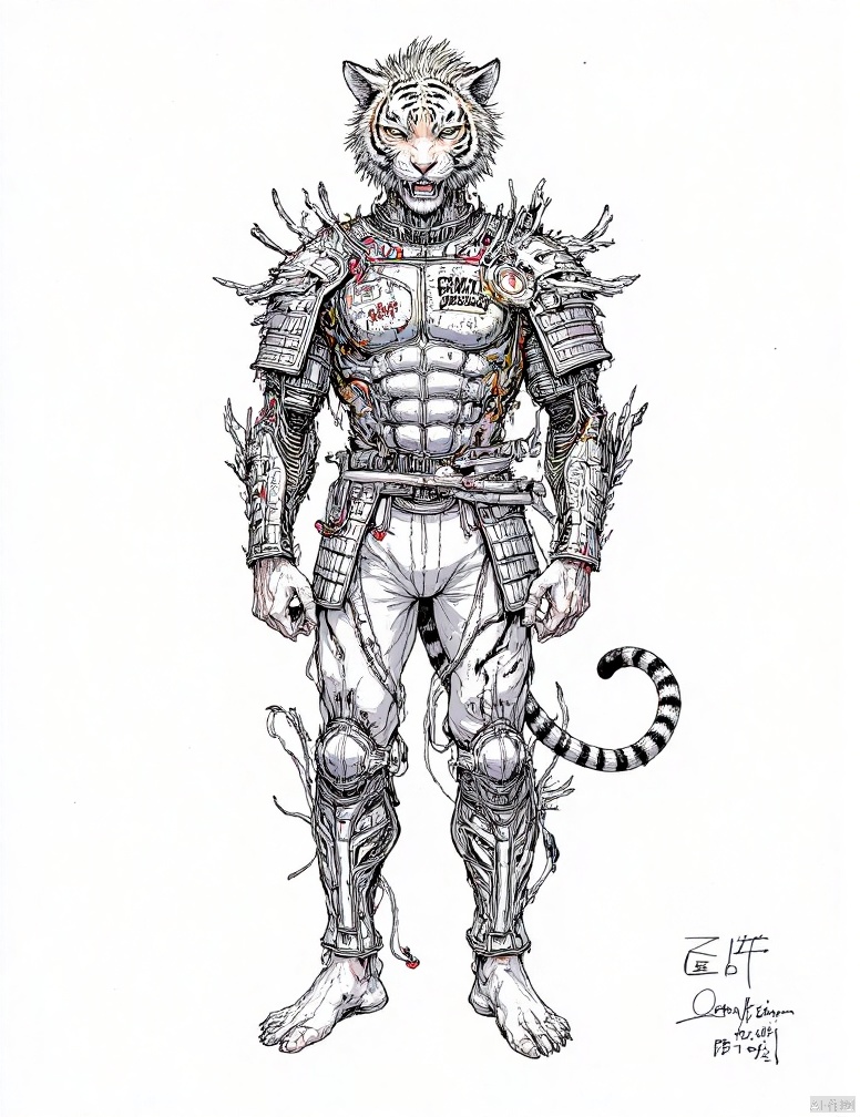  ink-painting,grayscale, monchrome,solo,1boy,male focus,armor,shoulder armor,tail,furry,white background,full body,animal ears,signature,looking at viewer,furry male,pauldrons,japanese armor,simple background,barefoot,pants,facial hair,fangs,tiger,tiger tail,tiger ears,open mouth,teeth,year of the tiger,muscular,