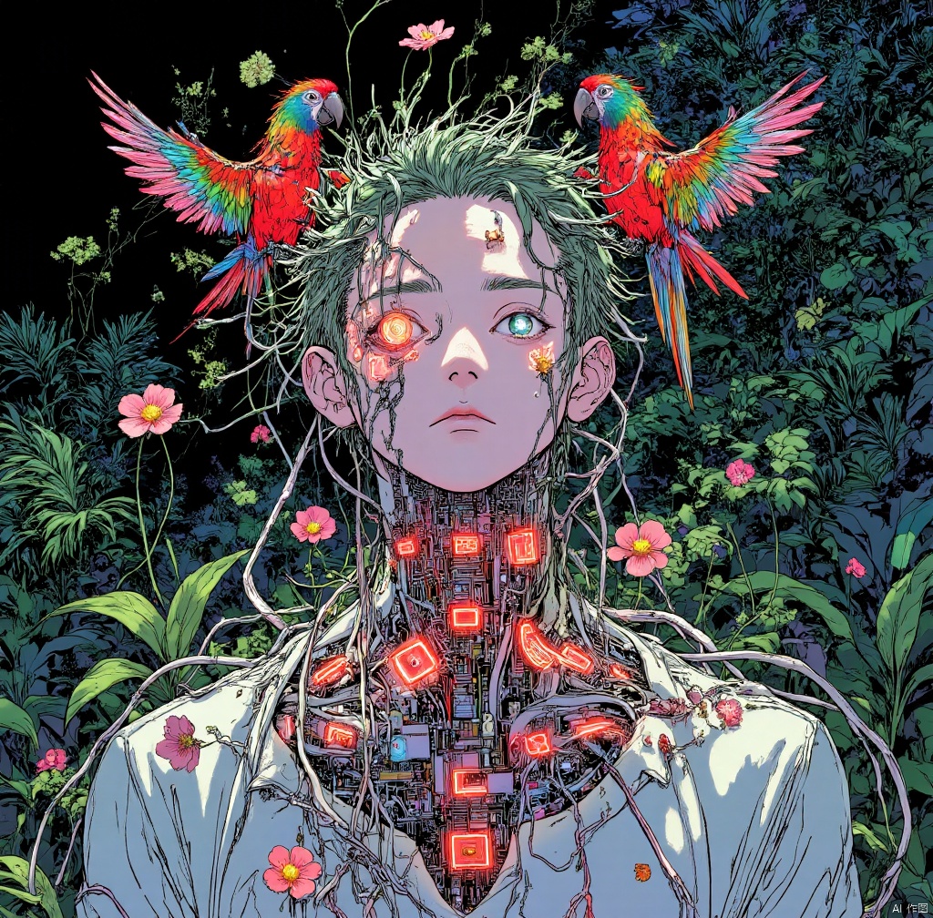CynthiaPortrait. A surreal anime-style portrait of a young man with forest-green hair entwined with glowing vines and tiny flowers. His chest and shoulders are partly biomechanical, with visible glowing circuits and floral patterns seamlessly integrated into his design. Perched on his shoulders are colorful mechanical parrots with jewel-**** feathers that shimmer in the sunlight. The background is a vivid tropical jungle with lush greenery and cascading waterfalls, giving the composition a vibrant, lively feel