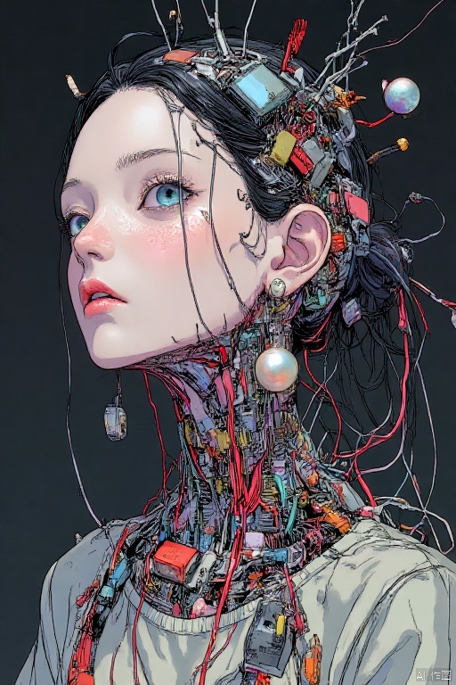The girl with the pearl earring, sitting there, his body part has a high-tech chip, wears a high-tech pearl, has mechanical components