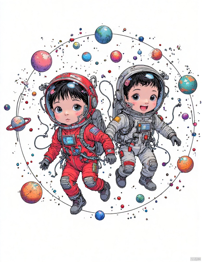  A logo ofa boy and a girl in astronaut costume traveling around the universe, 
logo, LogoRedAF, minimalist color, (isolated on white background, simple background)