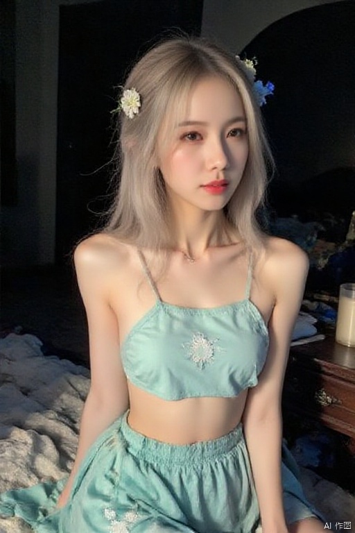 undergarment covering the chest and abdomen,a young girl with long blonde hair and red lipstick is seated on a bed. She is wearing a light blue bra and a pair of blue shorts with white embroidery on them. Her hair is pulled back in a ponytail with a small white flower pinned to it. The backdrop is a dark room with a wooden table and a white candle on it.