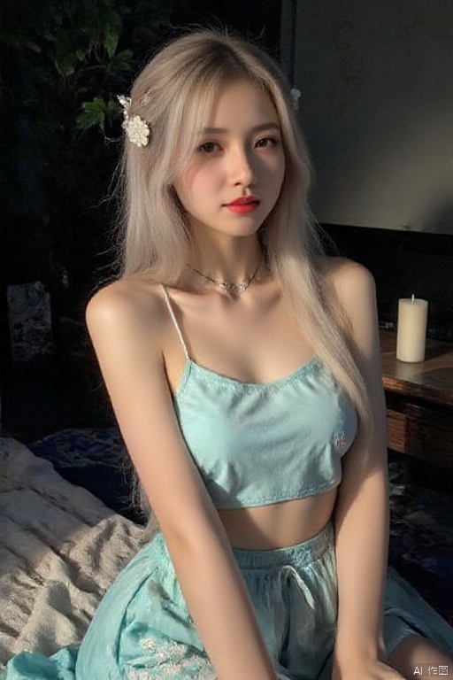 undergarment covering the chest and abdomen,a young girl with long blonde hair and red lipstick is seated on a bed. She is wearing a light blue bra and a pair of blue shorts with white embroidery on them. Her hair is pulled back in a ponytail with a small white flower pinned to it. The backdrop is a dark room with a wooden table and a white candle on it.