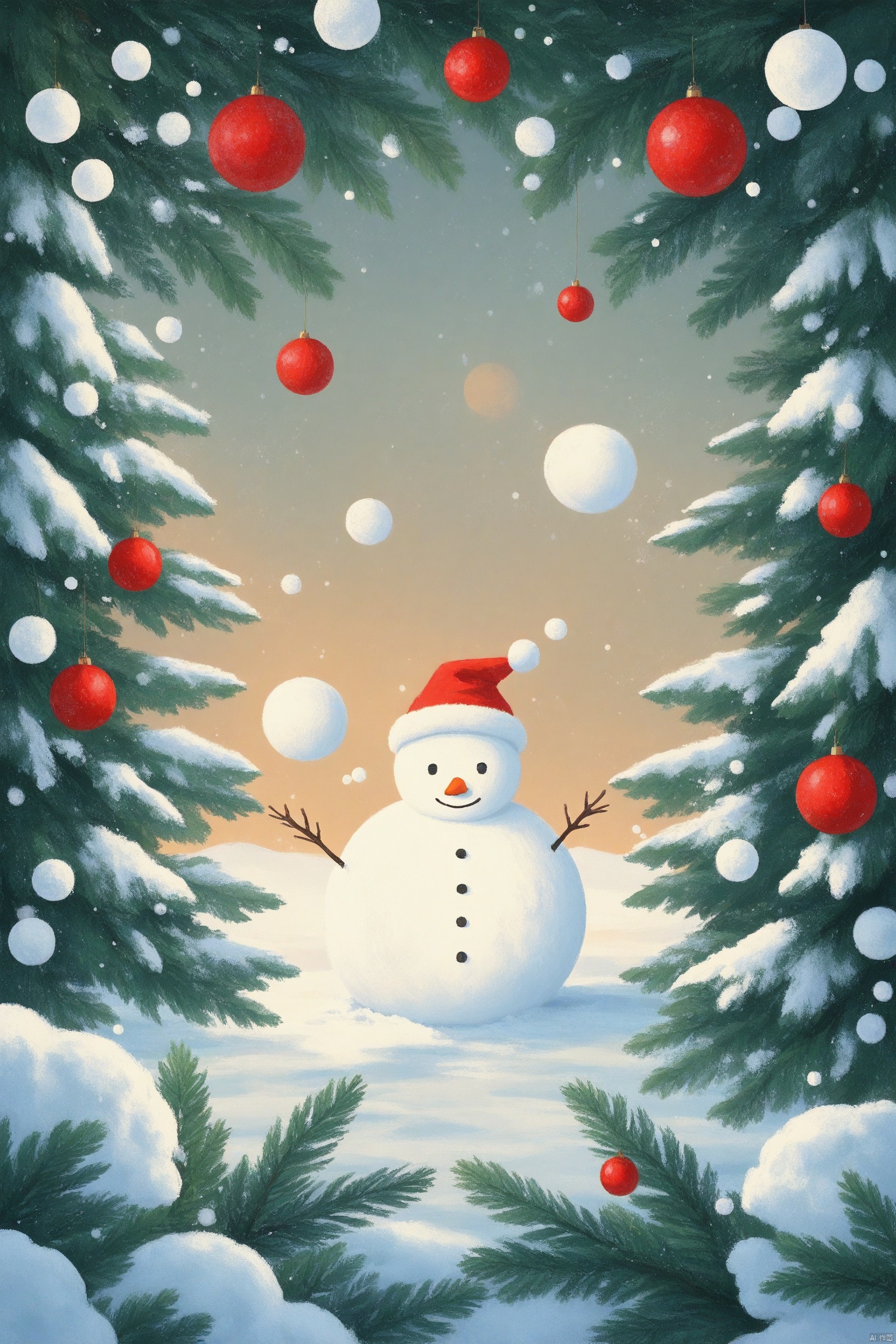 The background is a giant snowman, a girl is looking up at the snowman, surrounded by bubbles and floating on a white planet. The illustration style is dominated by blue and white tones, creating a flat composition that exudes cold colors. Harriet Lee-Merrion style, combining elements of Japanese anime, vintage illustrations and children's book art, adds depth to the scene. This depiction shows intricate details and textures, 64K,Christmas Frame Scene