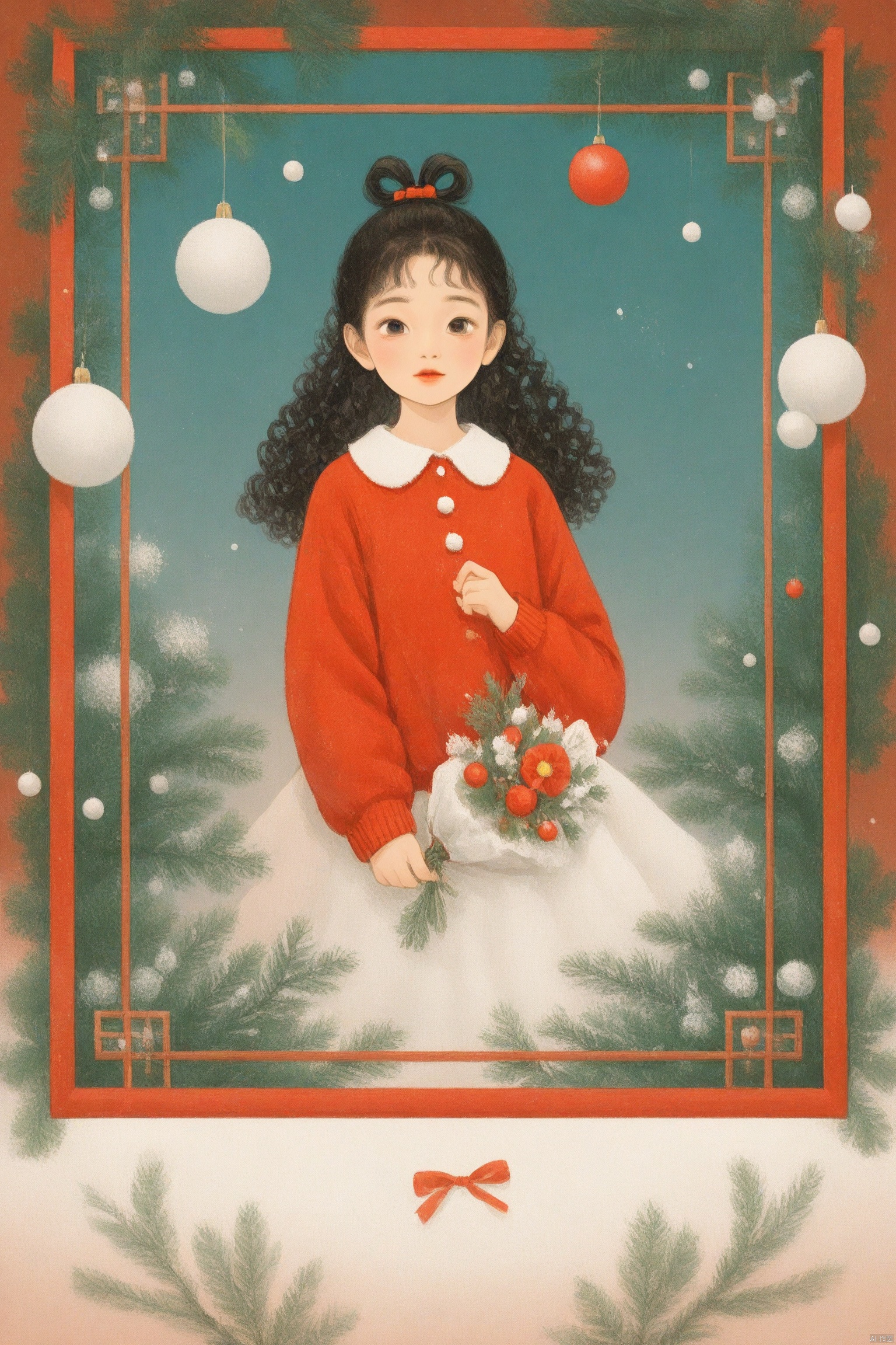 A beautiful young lady with long curly hair, wearing a bright red sweater and a beautiful bow hair tie on her head, holds a bouquet of flowers in one hand and stretches her other hand into the air. The young lady is facing the camera, in spring. , Chinese style illustration, character illustration, comic style, solid color background, Christmas Frame Scene