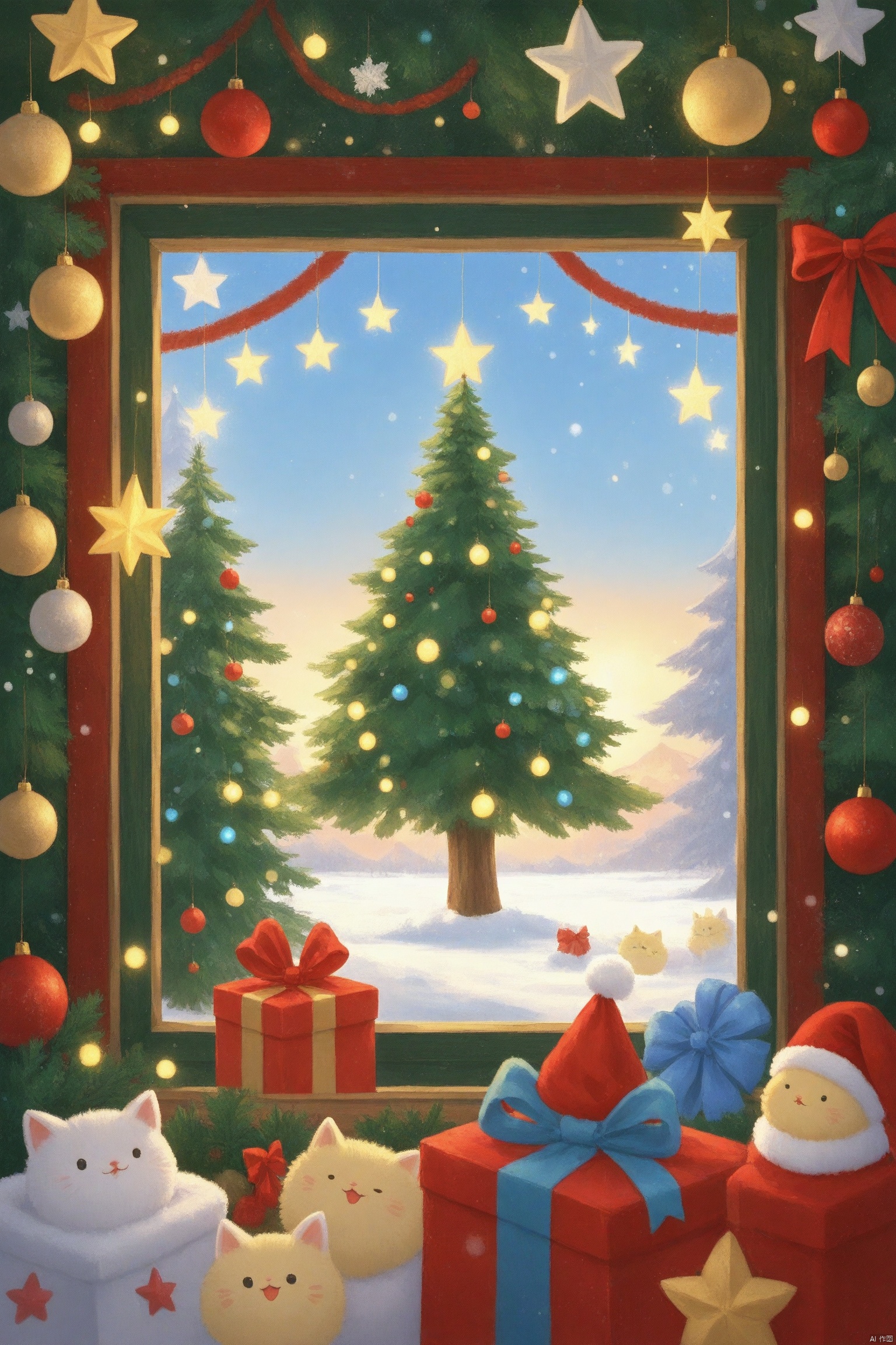 Christmas tree, many cute kittens piled in the shape of a Christmas tree, illustration,Christmas Frame Scene