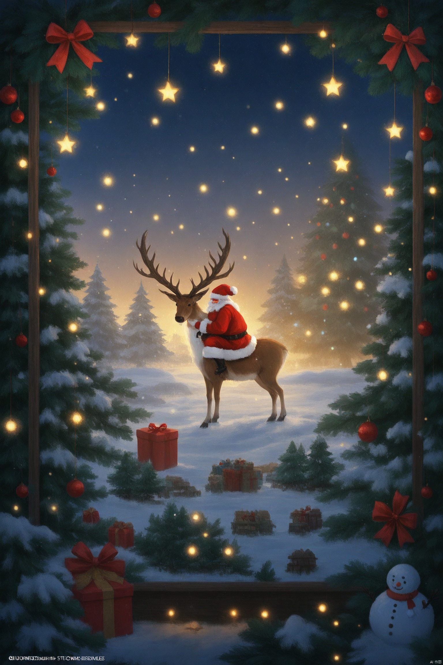 Miniature landscape, wool felt art, Christmas, cute Santa Claus, elk, gift, snowman, winter, Christmas tree, red and green lively atmosphere, warm lights, starlight, isometric view, cute style, stop motion animation, tilt move, Warm lighting, Unreal Engine rendering, cinematic imagery, ultra-fine details, ultra-high quality, 8k, Christmas Frame Scene