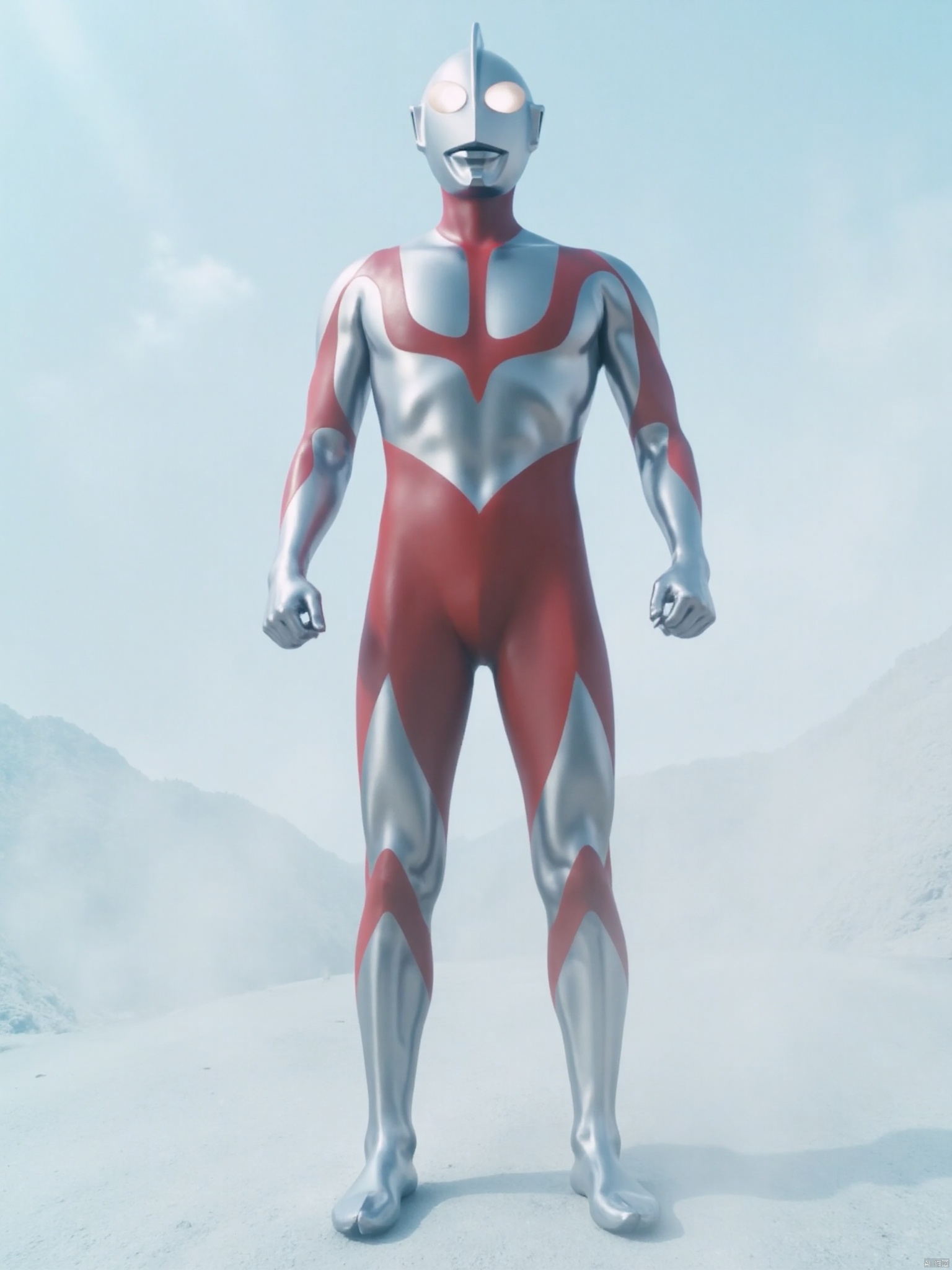 ultraman,silver bodysuit,silver gloves,legwear,gloves,boots,cover,mask,plugsuit,armor,bodysuit,red pattern on body,silver tight-fitting,silver footwear,helmet,leather suit,latex,tokusatsu,no humans,science fiction,silver head,hard mask,no smile,no eyes,no nose,solo,silver rubber bodysuit with red line