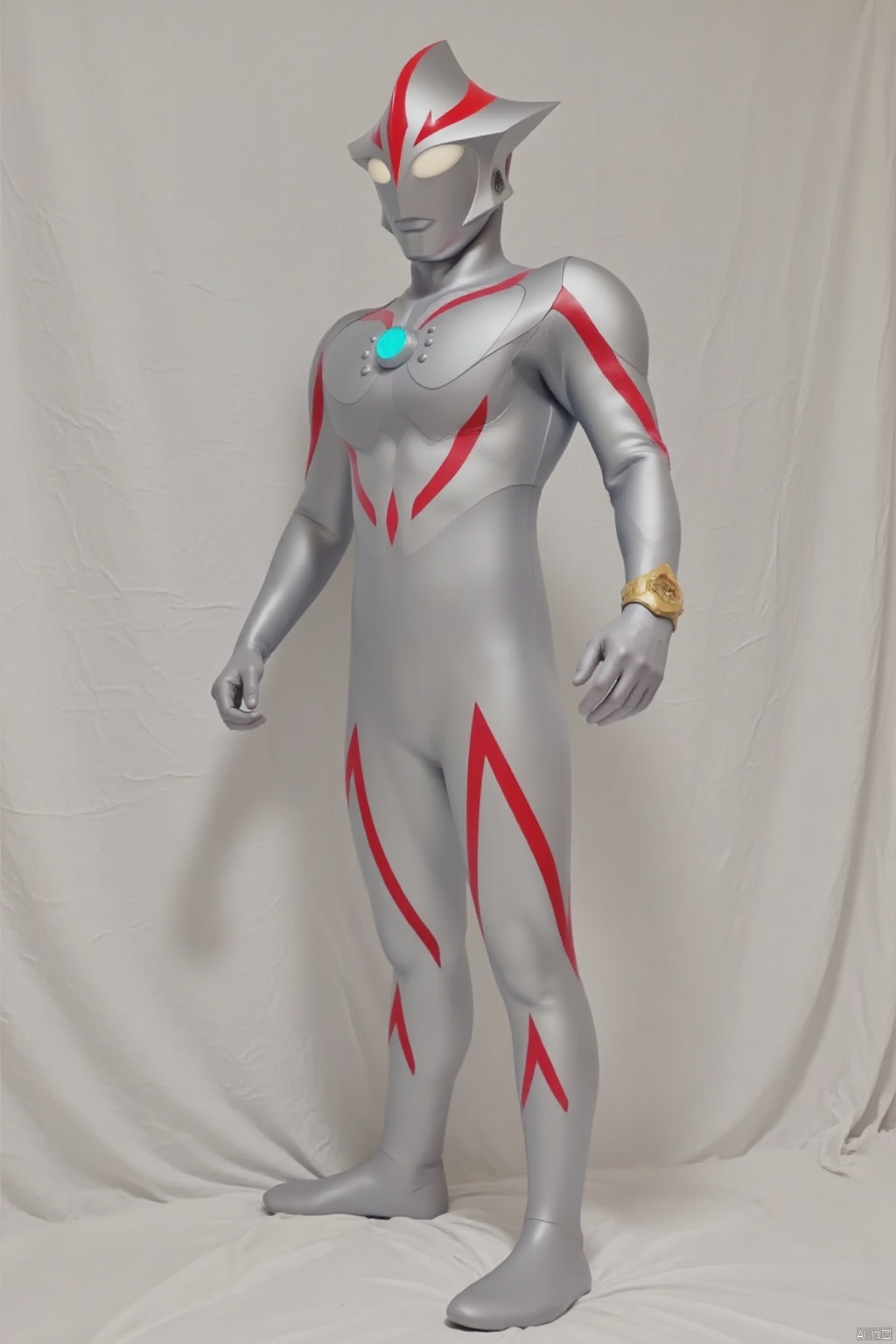 (grey background:1.2),looking at viewer,(SOLO:1.4),outline,simple background,full body,looking at viewer,(((arms at side))),ultraman,silver bodysuit,silver gloves,legwear,gloves,boots,cover,mask,plugsuit,armor,bodysuit,red pattern on body,silver tight-fitting,silver footwear,helmet,leather suit,latex,tokusatsu,no humans,science fiction,silver head,hard mask,no smile,no eyes,no nose,solo,silver rubber bodysuit with red line