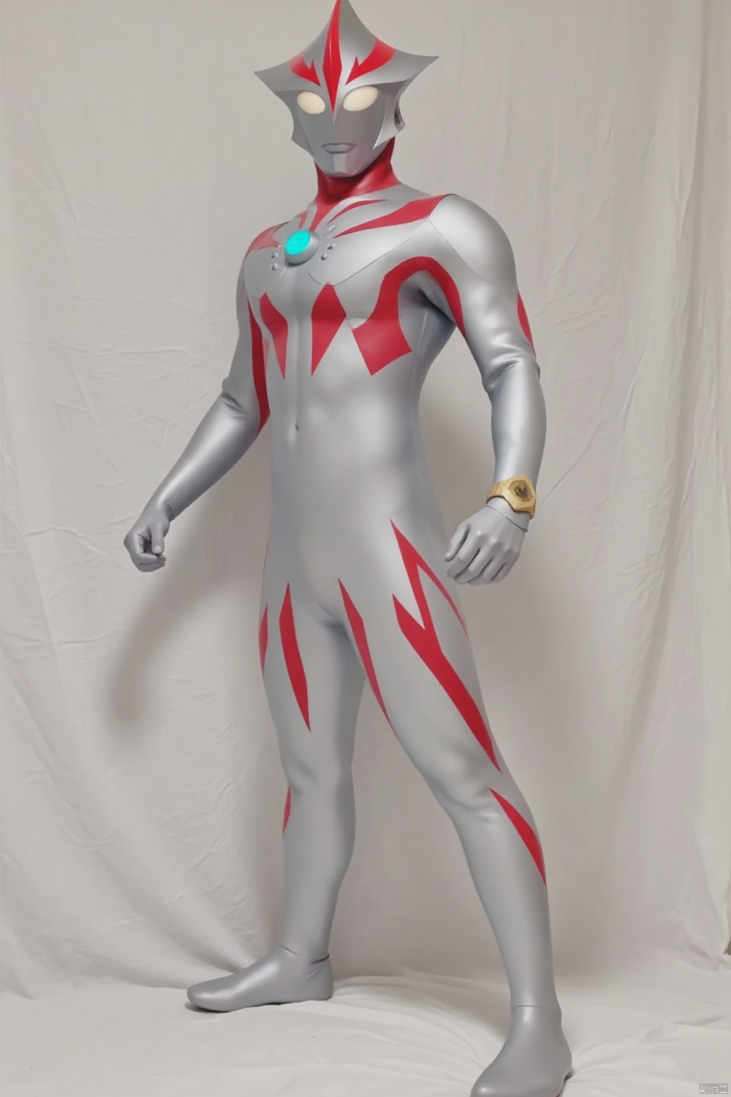 (grey background:1.2),looking at viewer,(SOLO:1.4),outline,simple background,full body,looking at viewer,(((arms at side))),ultraman,silver bodysuit,silver gloves,legwear,gloves,boots,cover,mask,plugsuit,armor,bodysuit,red pattern on body,silver tight-fitting,silver footwear,helmet,leather suit,latex,tokusatsu,no humans,science fiction,silver head,hard mask,no smile,no eyes,no nose,solo,silver rubber bodysuit with red line