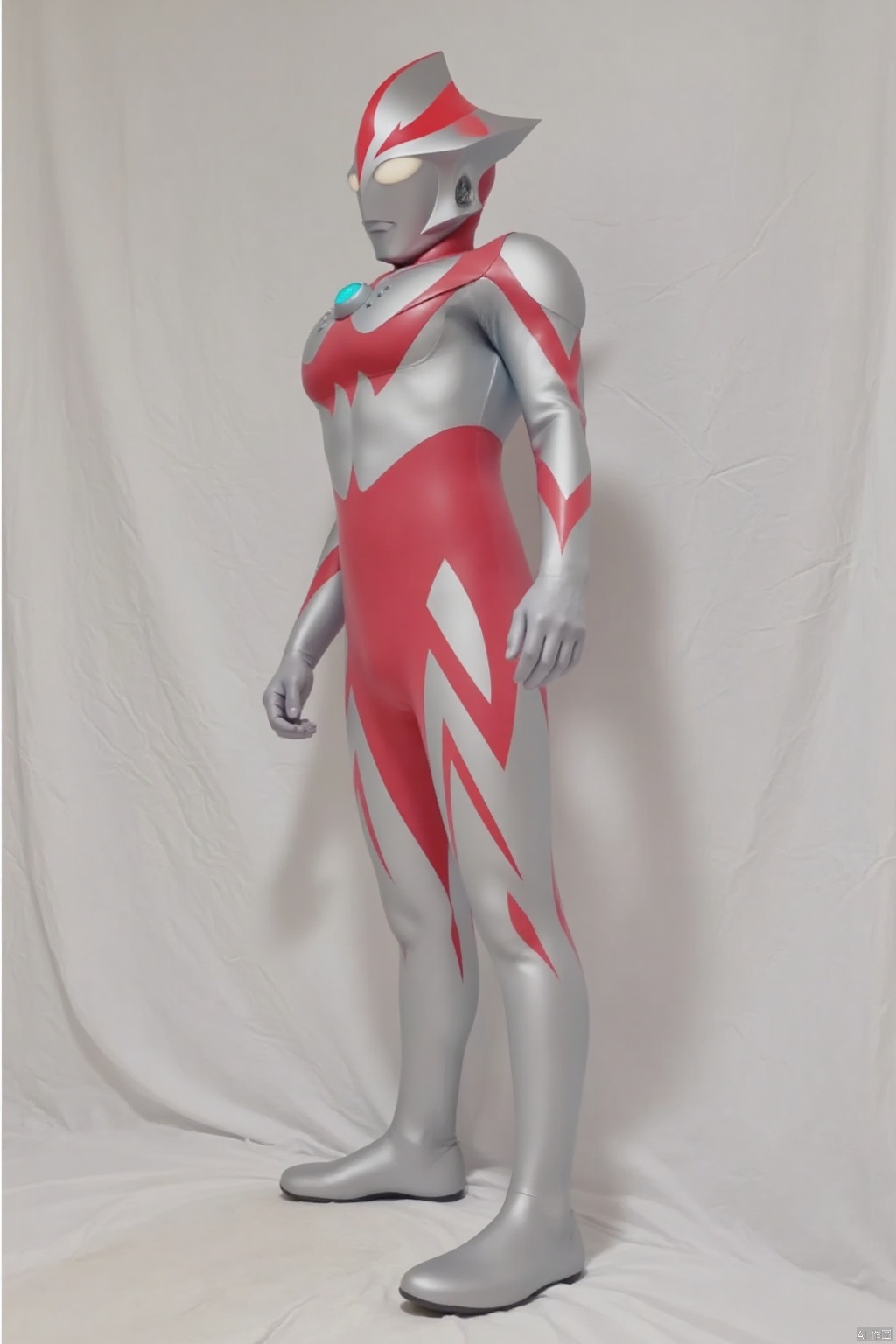 (grey background:1.2),looking at viewer,(SOLO:1.4),outline,simple background,full body,looking at viewer,(((arms at side))),ultraman,silver bodysuit,silver gloves,legwear,gloves,boots,cover,mask,plugsuit,armor,bodysuit,red pattern on body,silver tight-fitting,silver footwear,helmet,leather suit,latex,tokusatsu,no humans,science fiction,silver head,hard mask,no smile,no eyes,no nose,solo,silver rubber bodysuit with red line