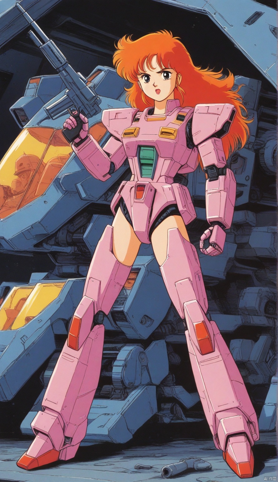 1980's Japanese anime,beauty girl,gun,mecha