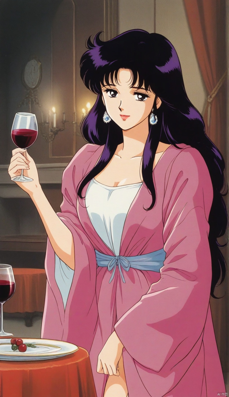 1980's Japanese anime,beauty girl,wine