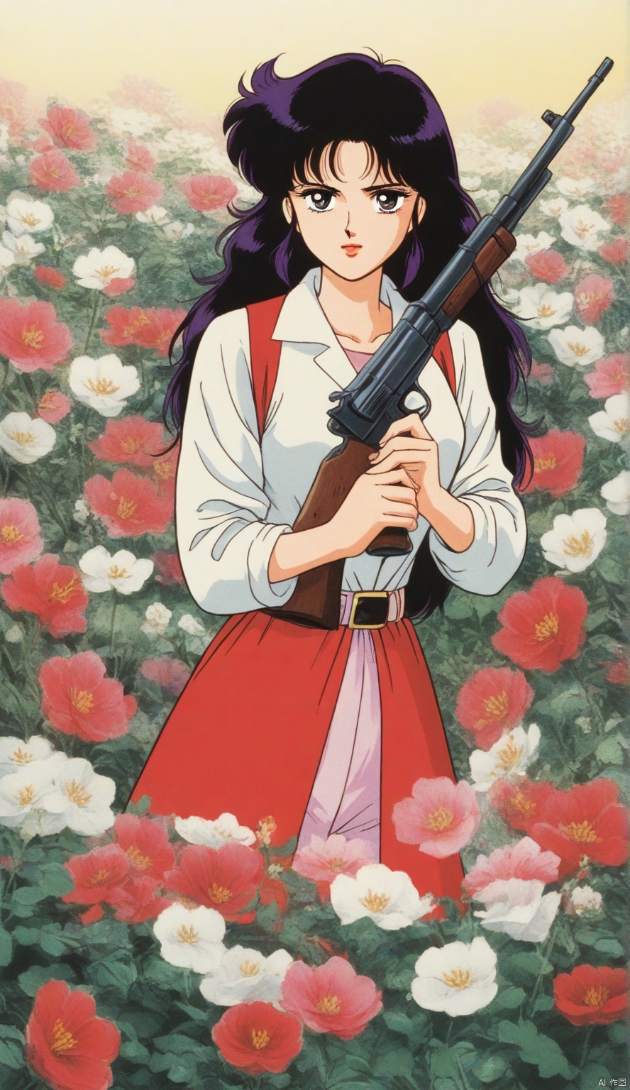 1980's Japanese anime,beauty girl,gun,flower