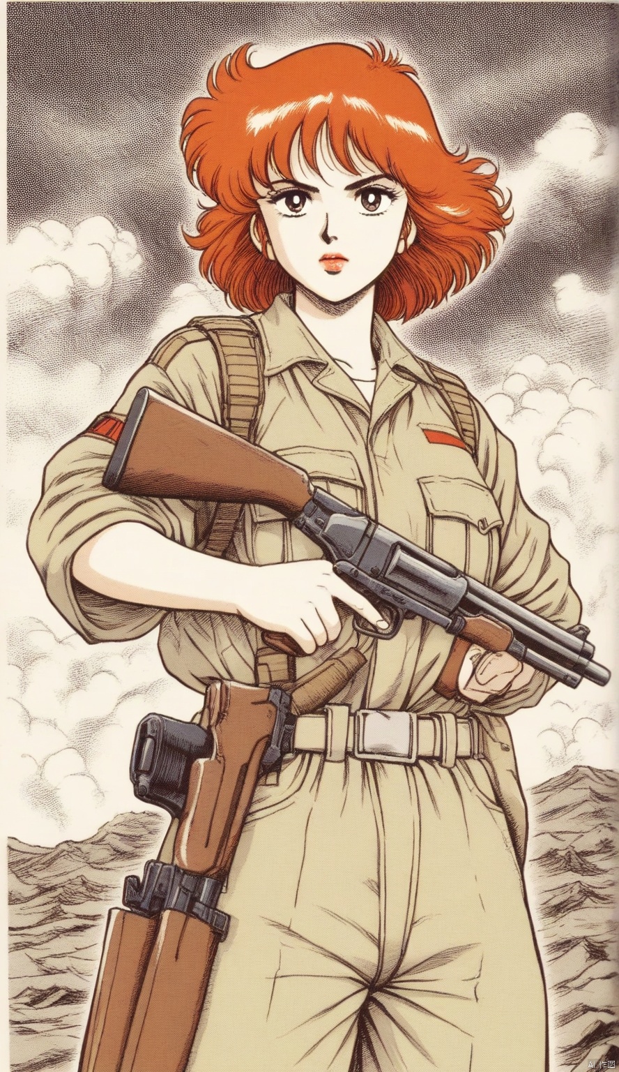 1980's Japanese anime, girl,gun,