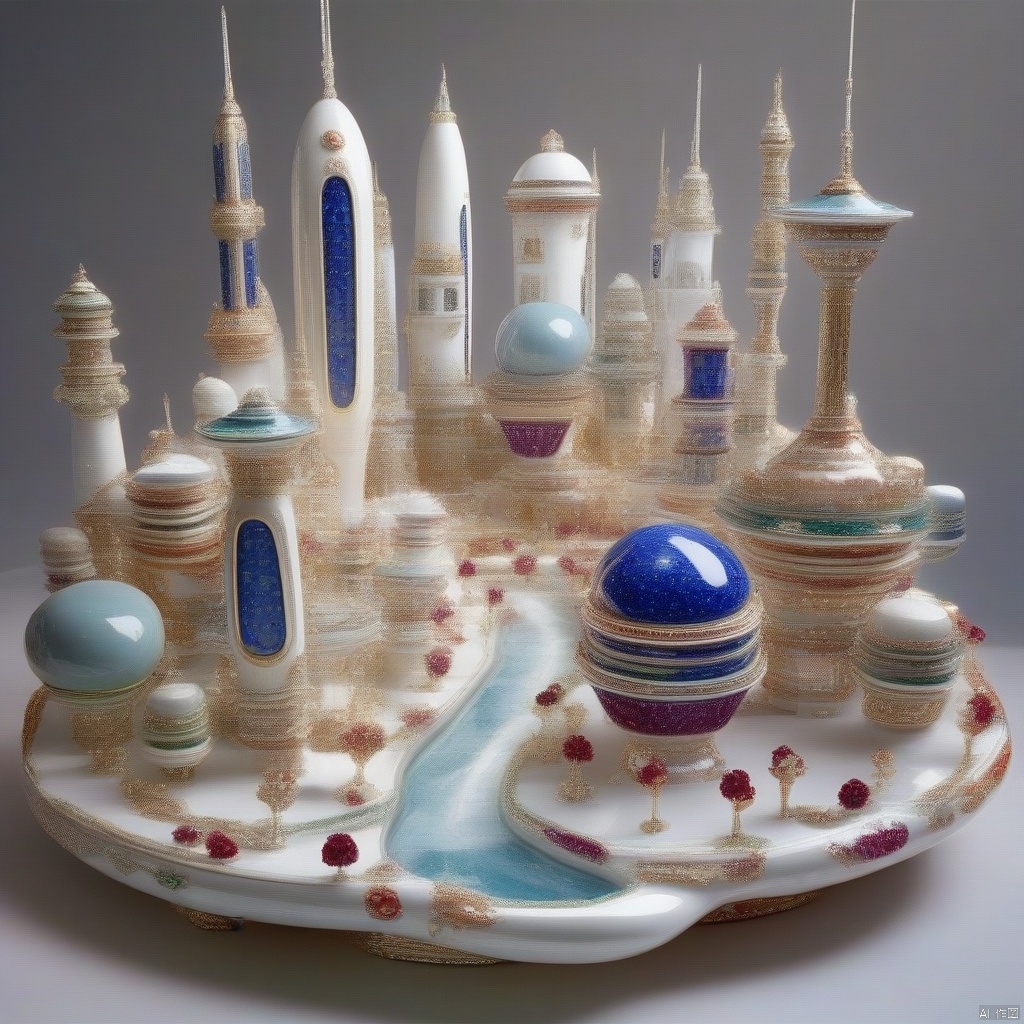 A city made of porcelain, porcelain, science fiction space, spaceship,瓷器,珠宝,jewelry